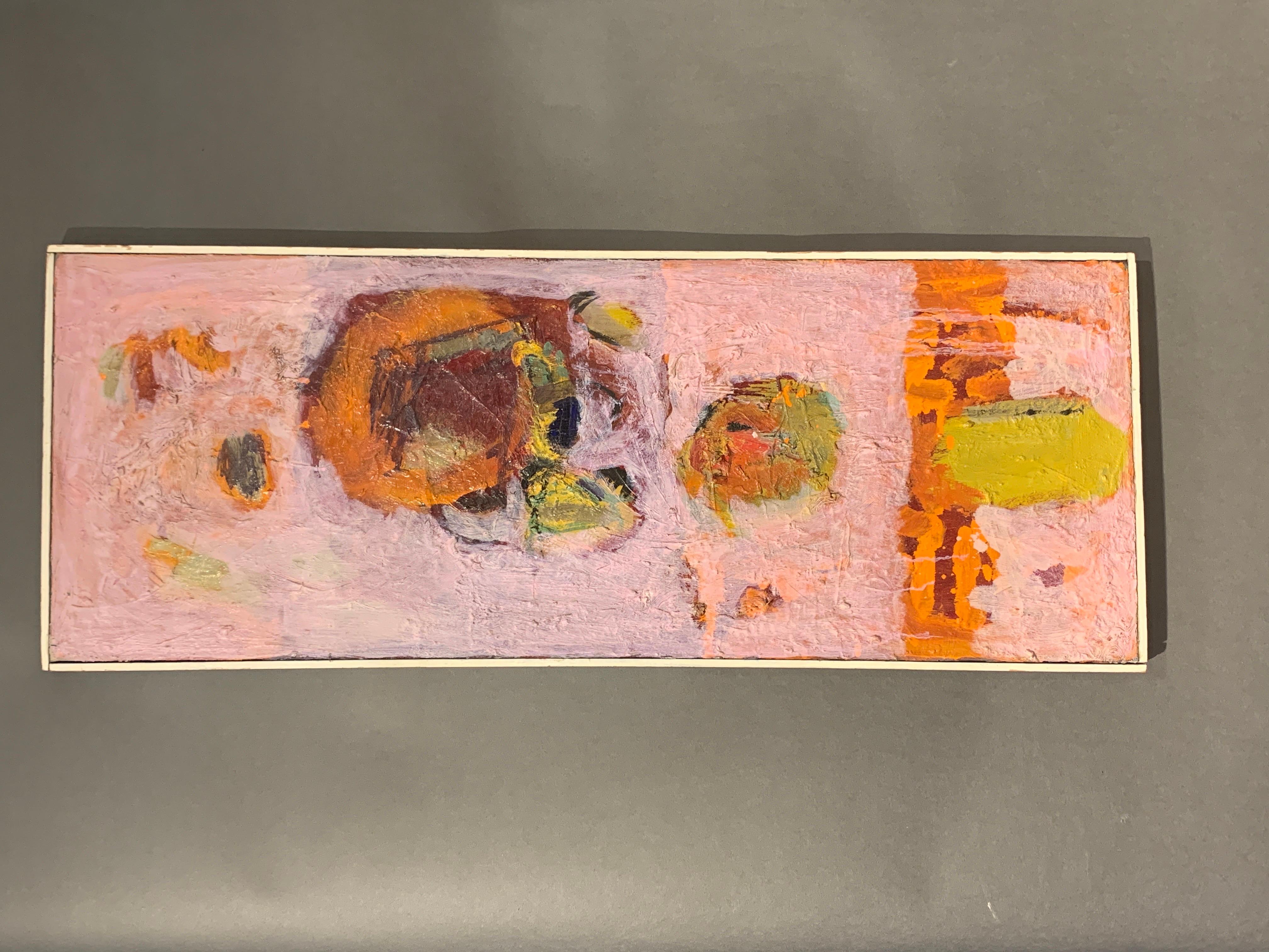 A very special brutalist abstract painting. Pink!!! The colorations mixed with orange and gold are wonderful. The artist name looks to be Samuel Lo, and was from San Francisco. Due to the age and pen used by artist it is not 100% legible. The piece