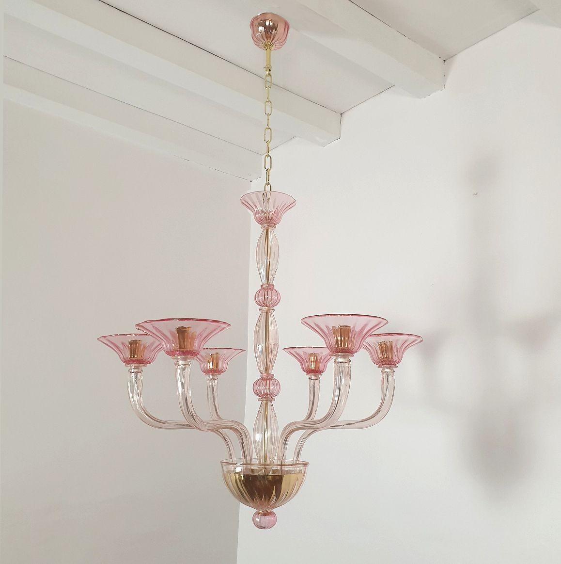 Mid-Century Modern Pink Mid-Century Murano glass chandelier, Italy