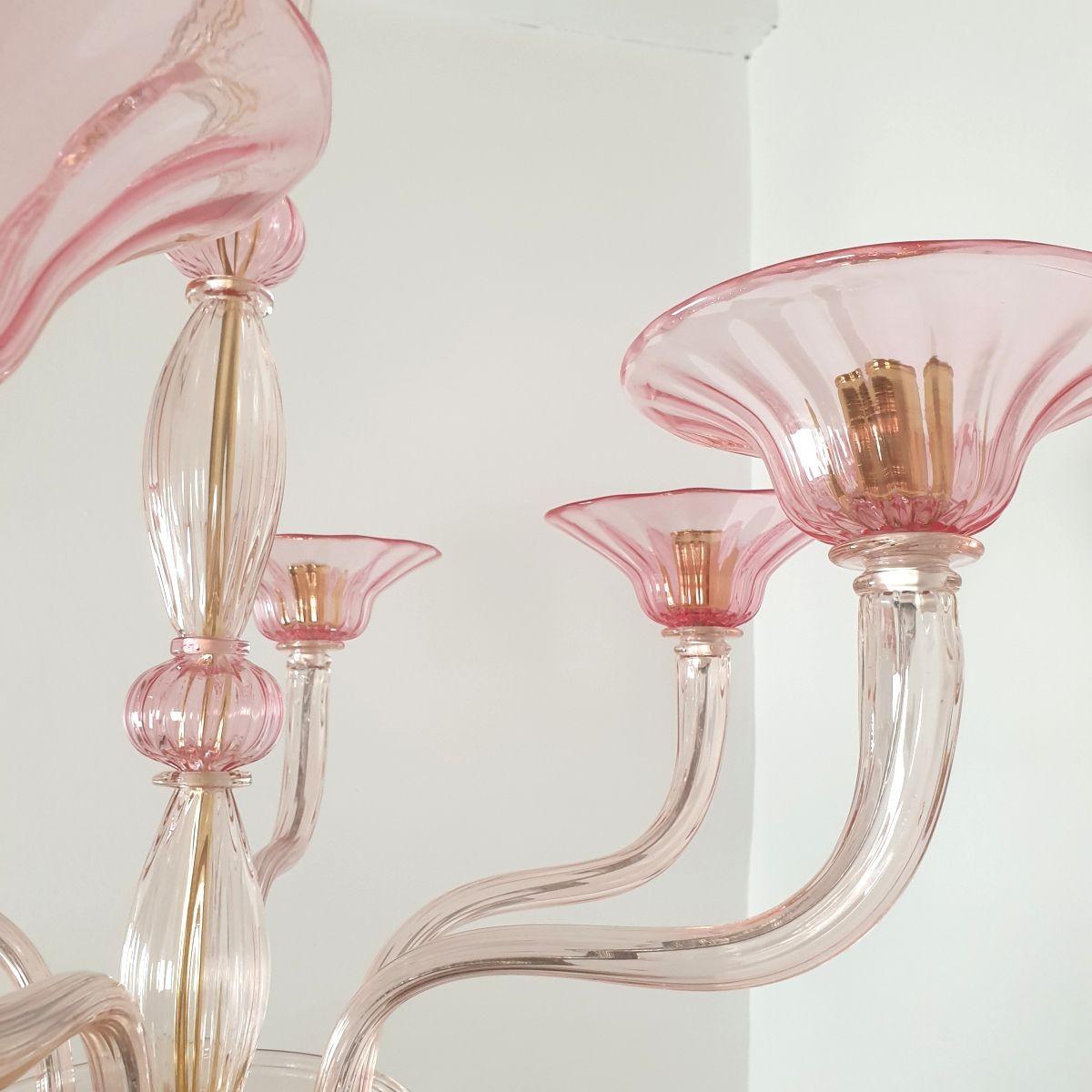 Gold Plate Pink Mid-Century Murano glass chandelier, Italy