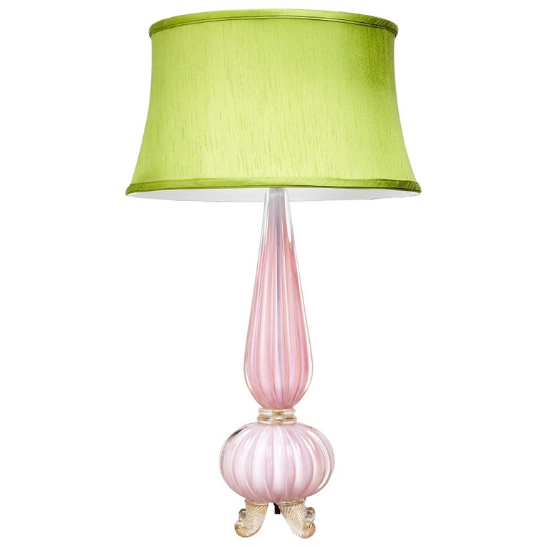 Pink Midcentury Barovier Lamp with Green Silk Shade For Sale