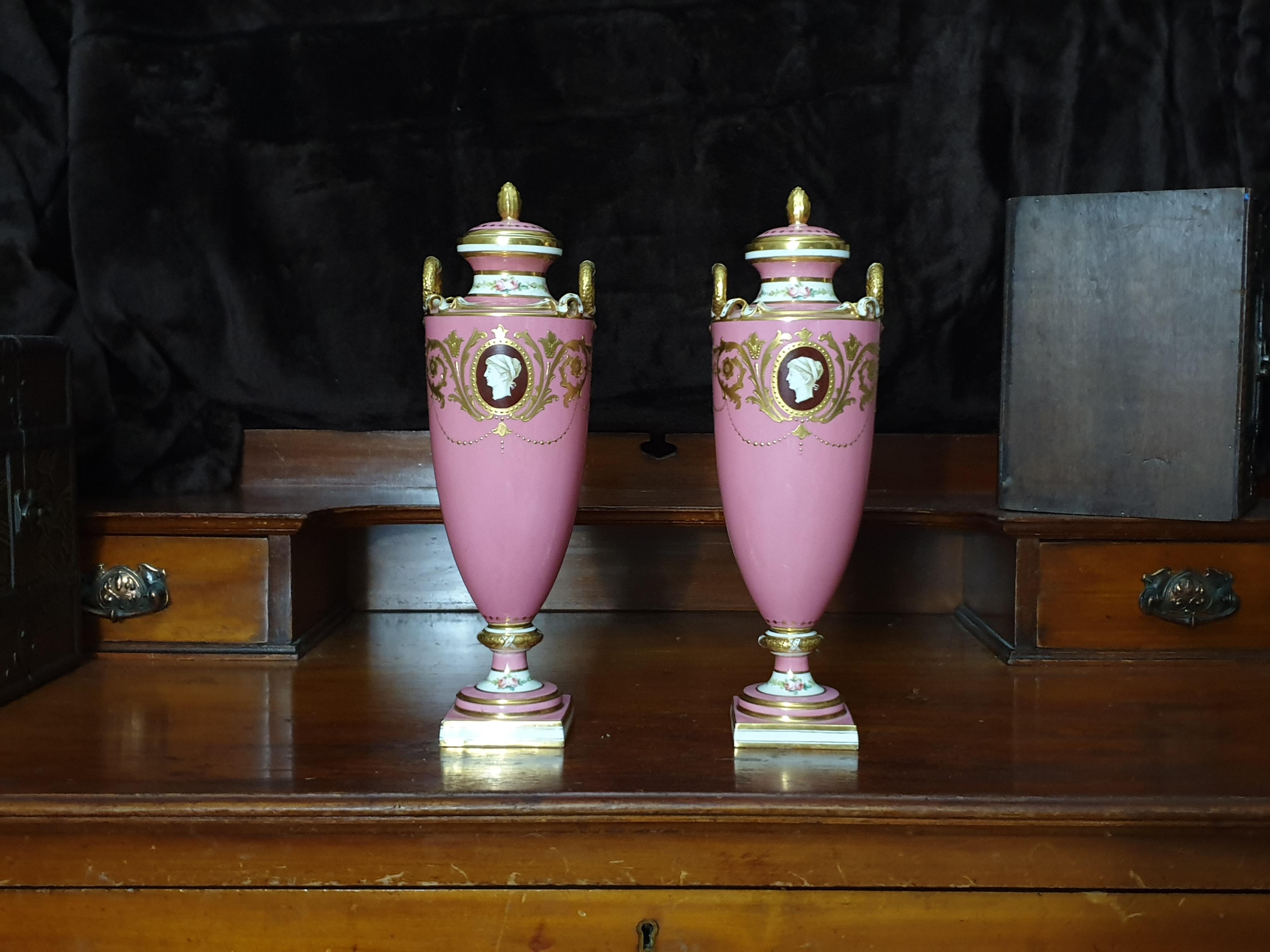 British Pink Minton Medallion Vases Pate Sur Pate Style, 19th Century For Sale
