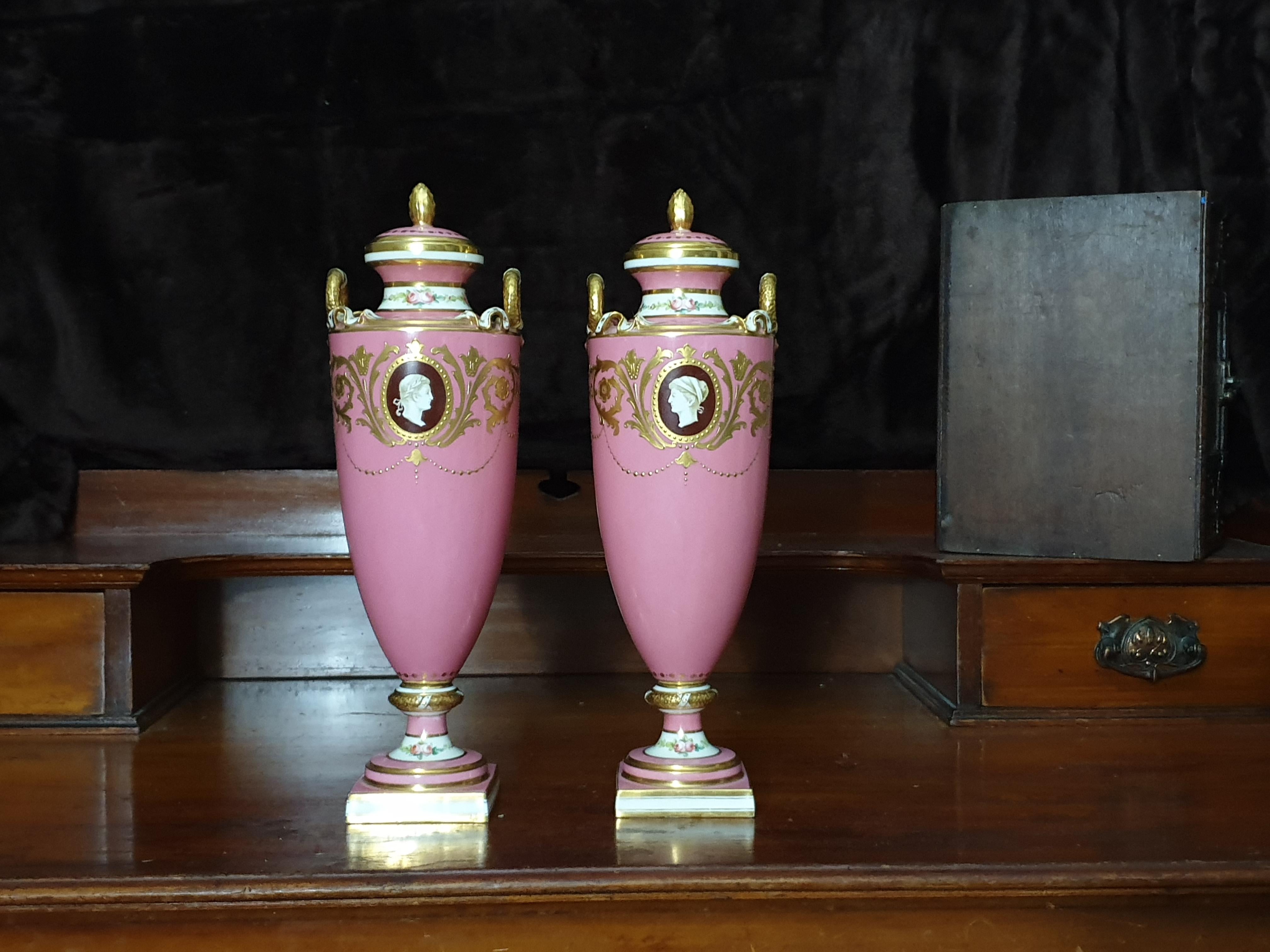Porcelain Pink Minton Medallion Vases Pate Sur Pate Style, 19th Century For Sale