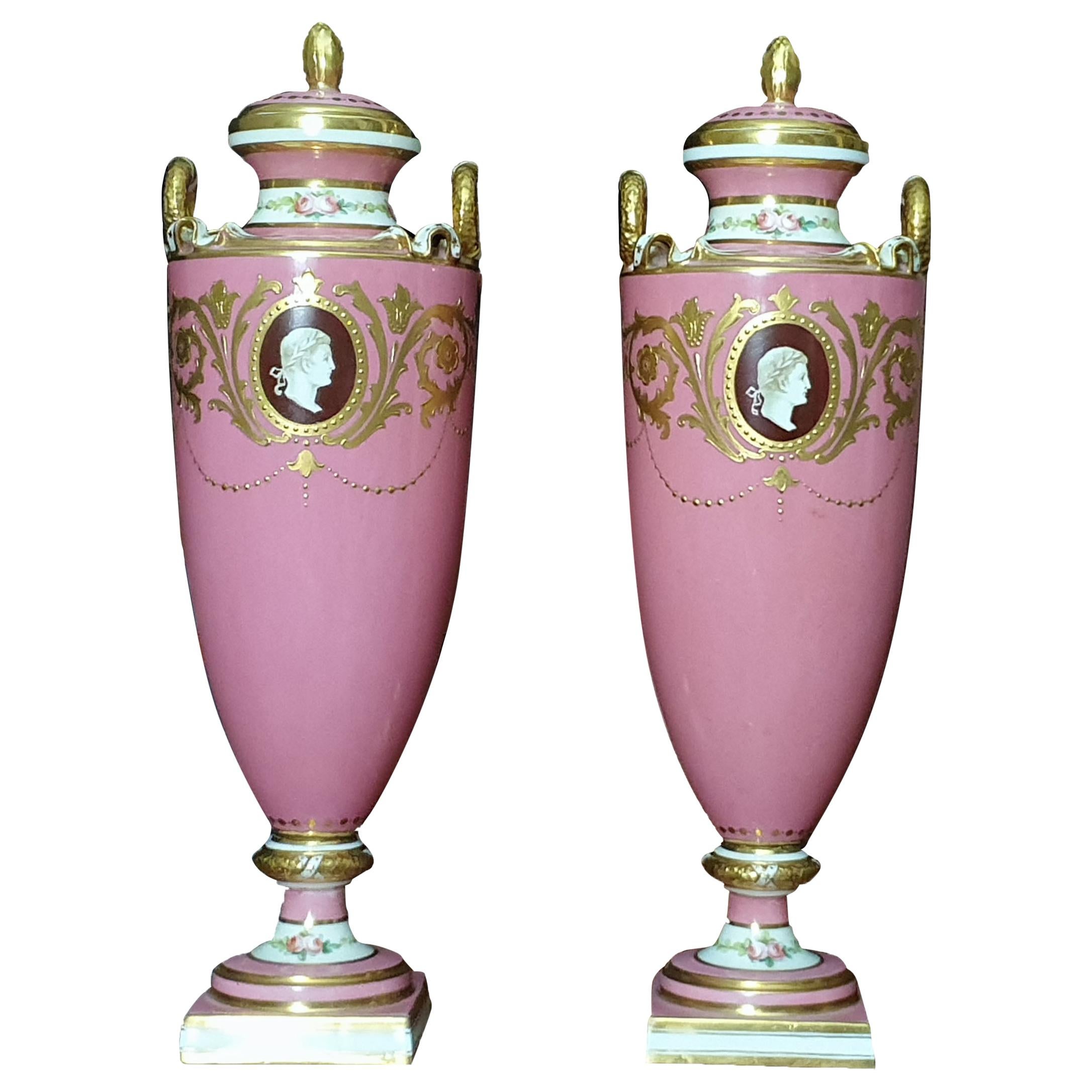 Neoclassical Pink Minton Medallion Vases Pate Sur Pate Style, 19th Century For Sale