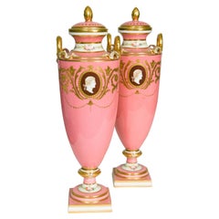 Antique Pink Minton Medallion Vases Pate Sur Pate Style, 19th Century