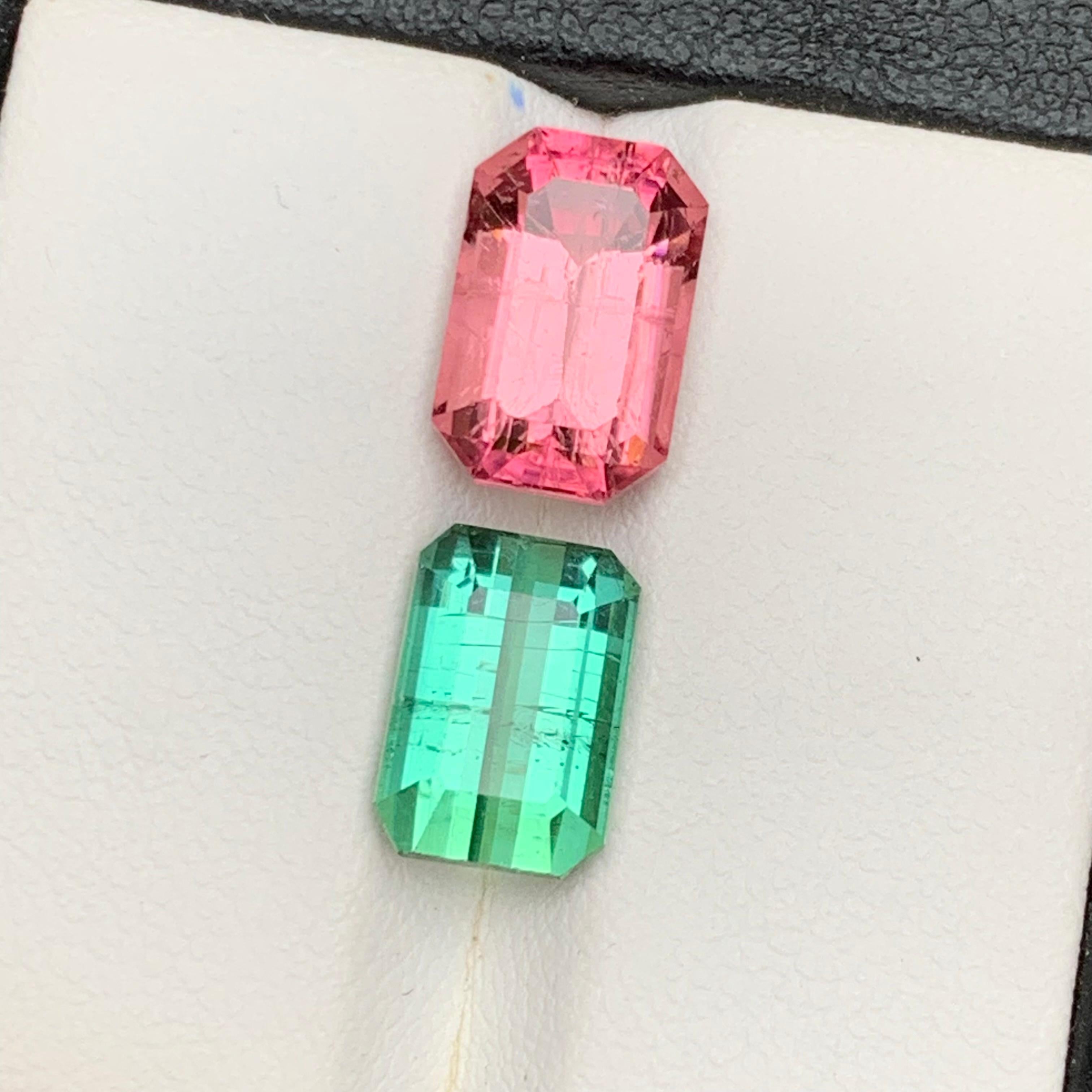 da uomo o donna Anello con tormalina naturale rosa e verde menta, gemma sciolta da 7,45 carati con taglio smeraldo in vendita