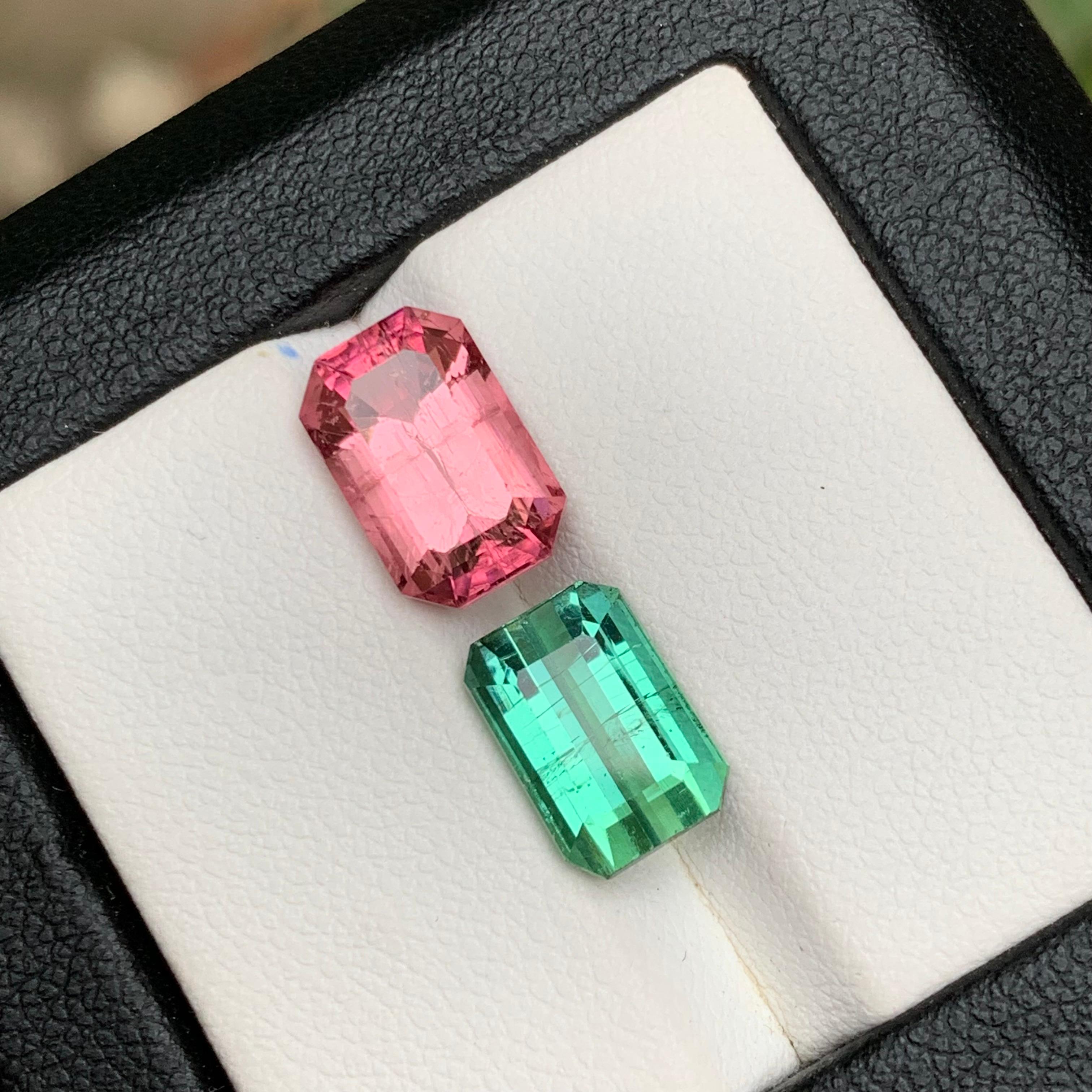Anello con tormalina naturale rosa e verde menta, gemma sciolta da 7,45 carati con taglio smeraldo in vendita 1