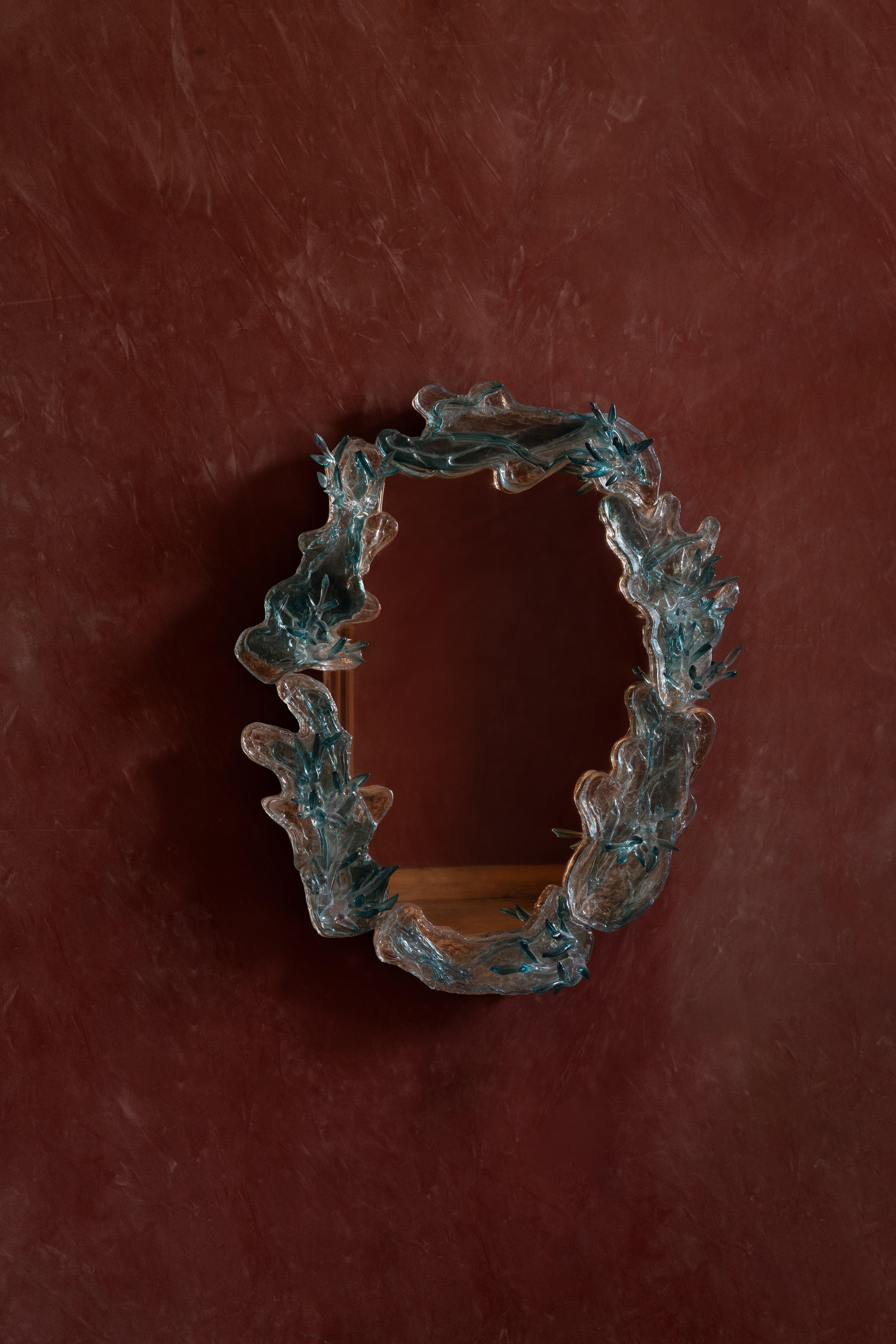 Pink Mirror With Green Decor by Emilie Lemardeley In New Condition For Sale In Geneve, CH