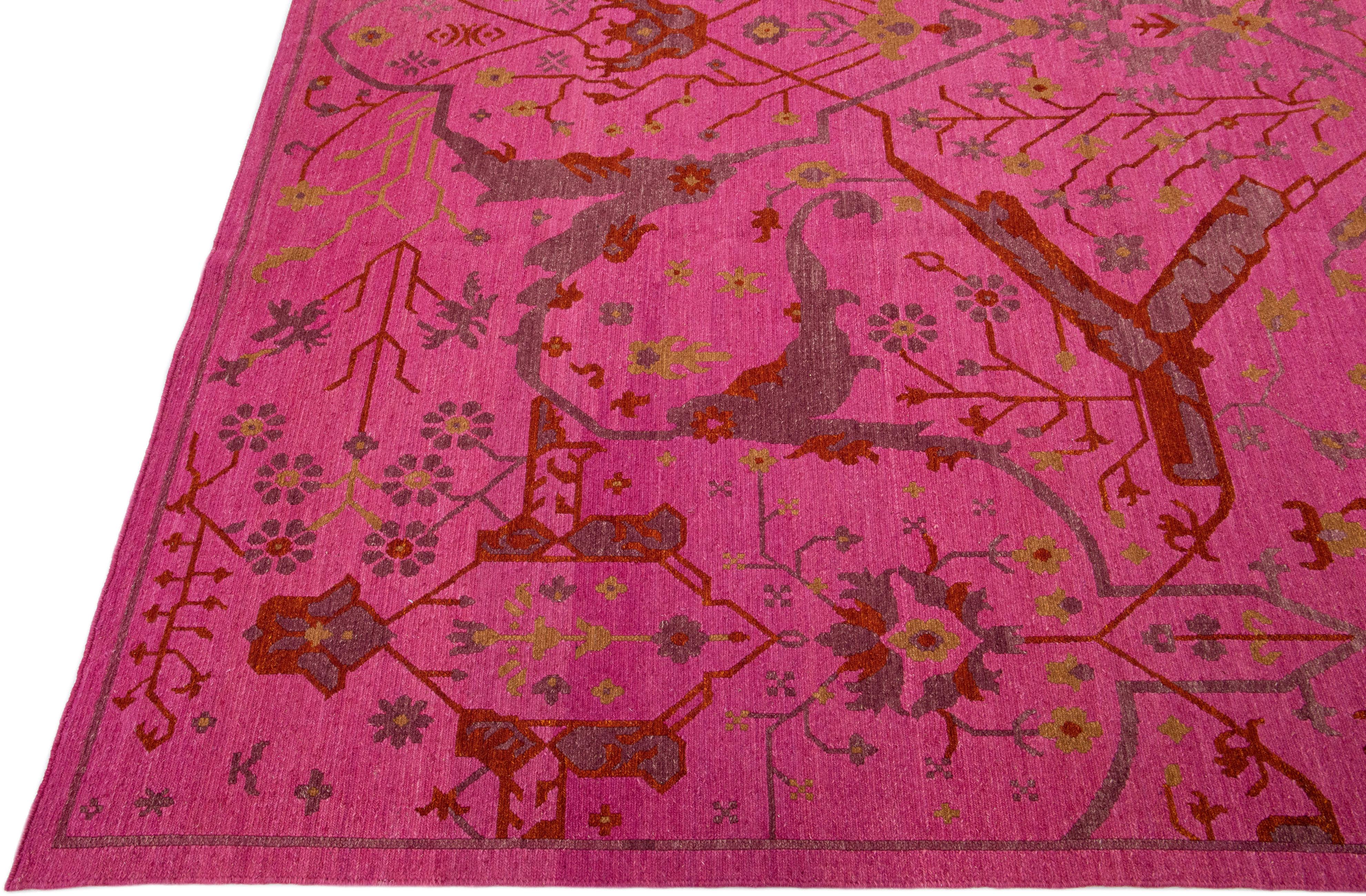Mid-Century Modern Pink Modern Indian Handmade Oversize Wool Rug with Allover Motif