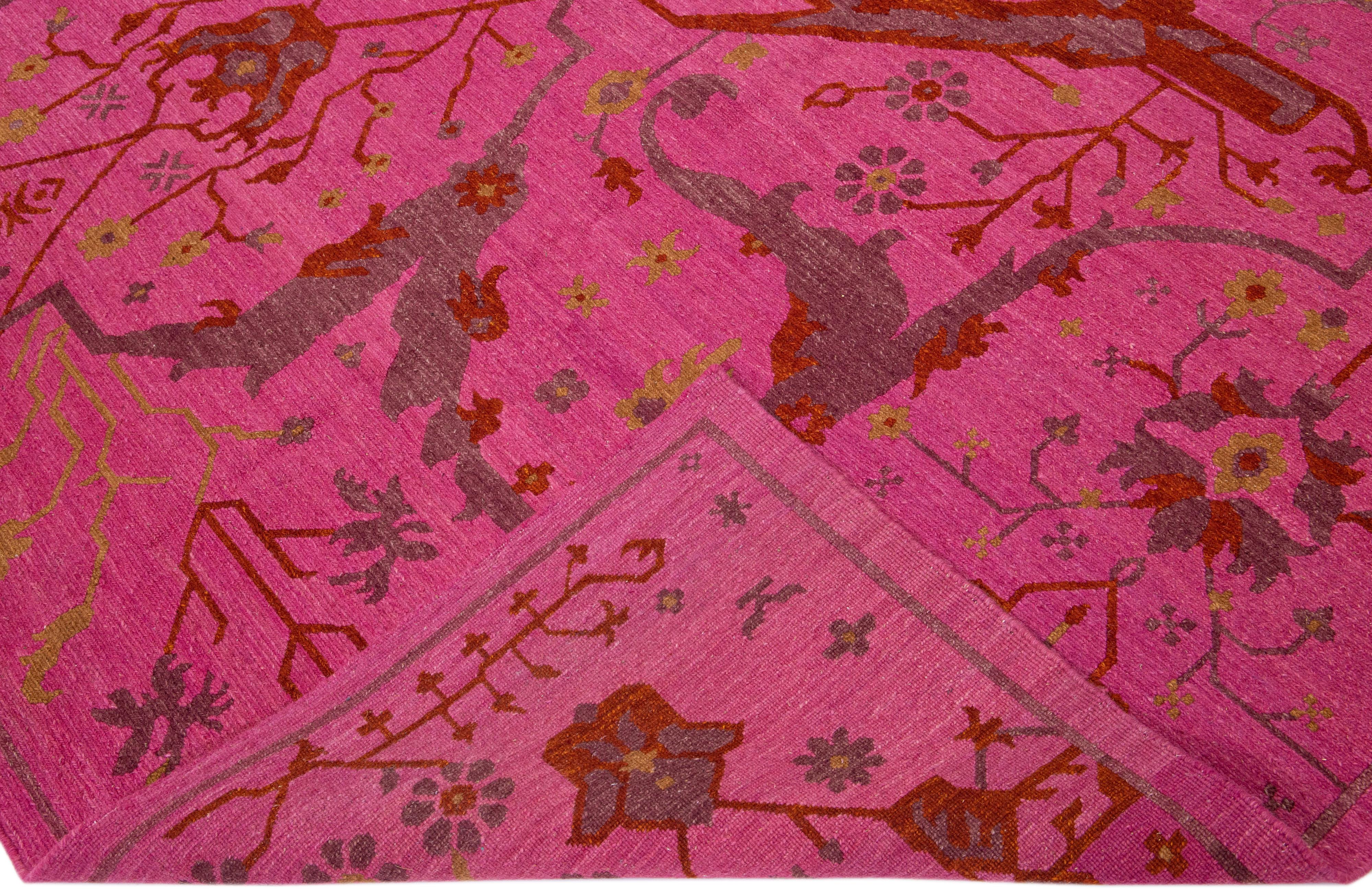 Hand-Knotted Pink Modern Indian Handmade Oversize Wool Rug with Allover Motif