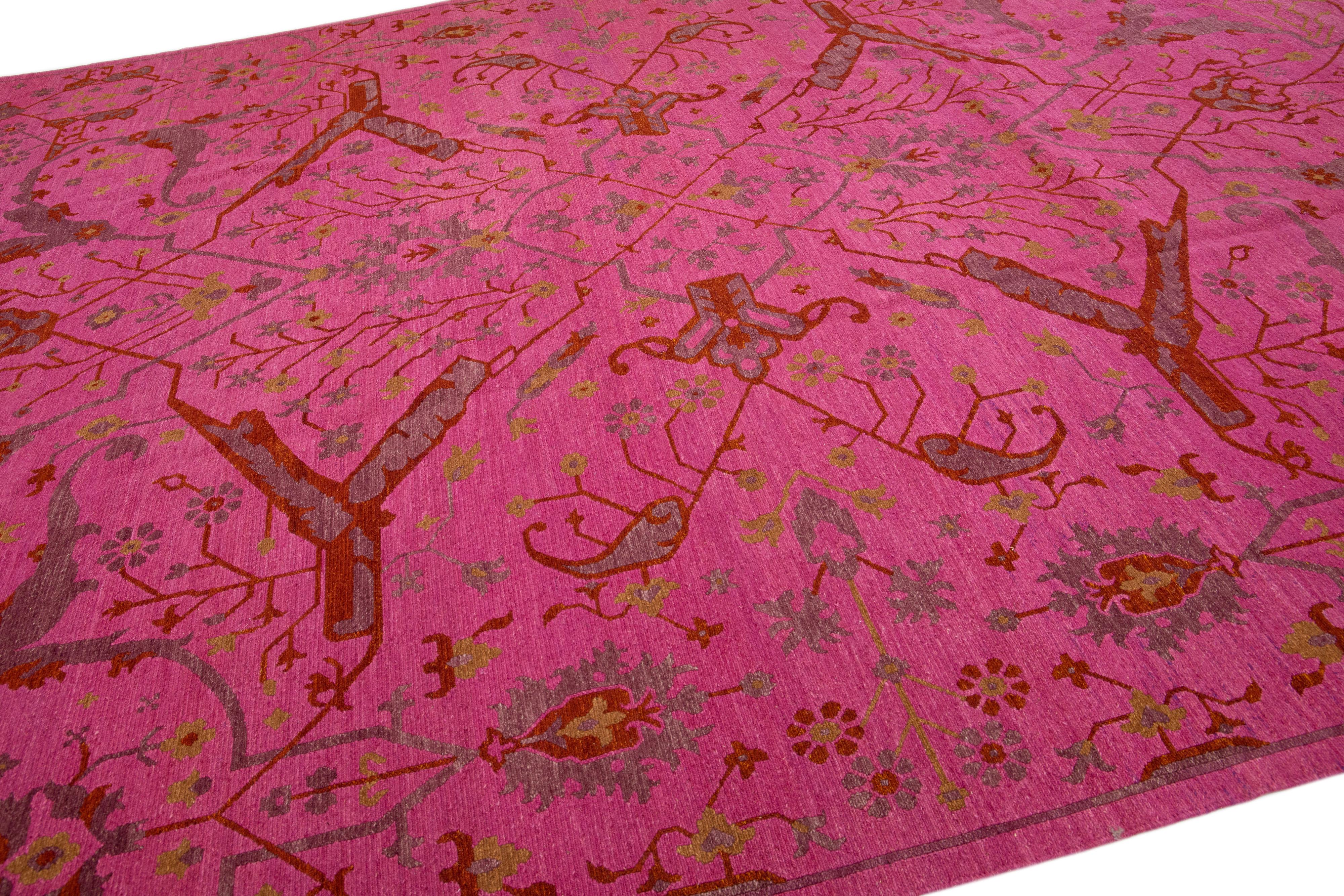 Pink Modern Indian Handmade Oversize Wool Rug with Allover Motif In New Condition In Norwalk, CT
