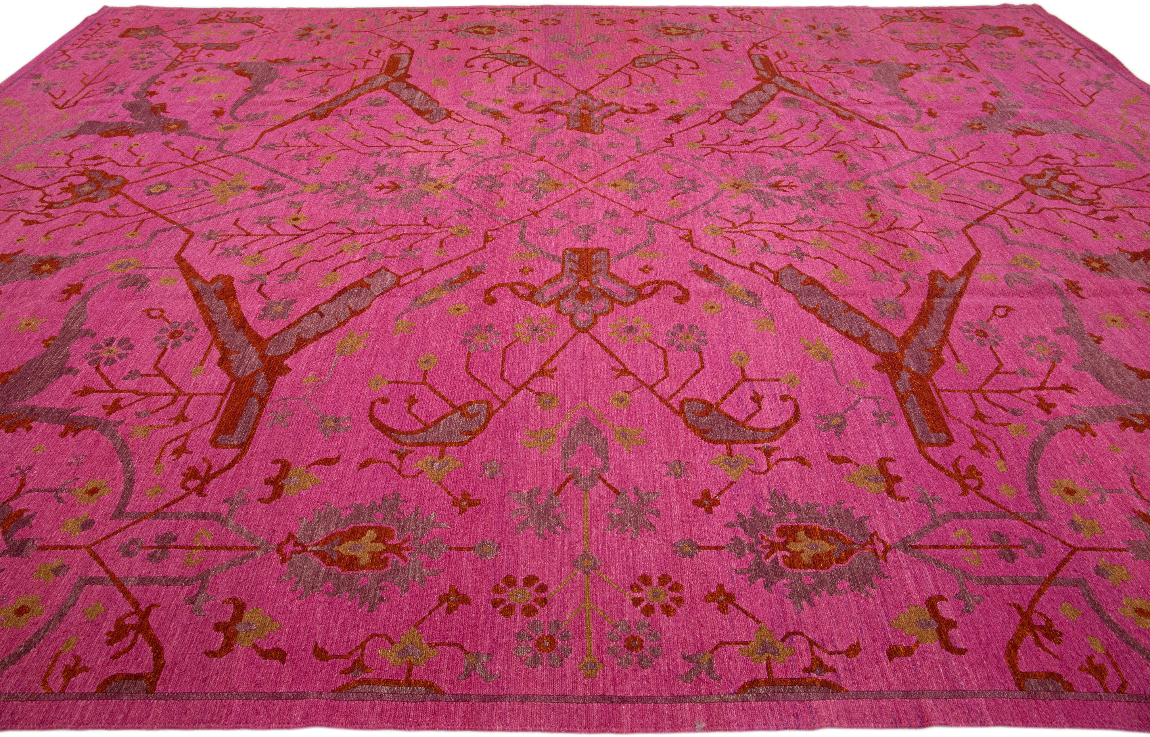 Contemporary Pink Modern Indian Handmade Oversize Wool Rug with Allover Motif