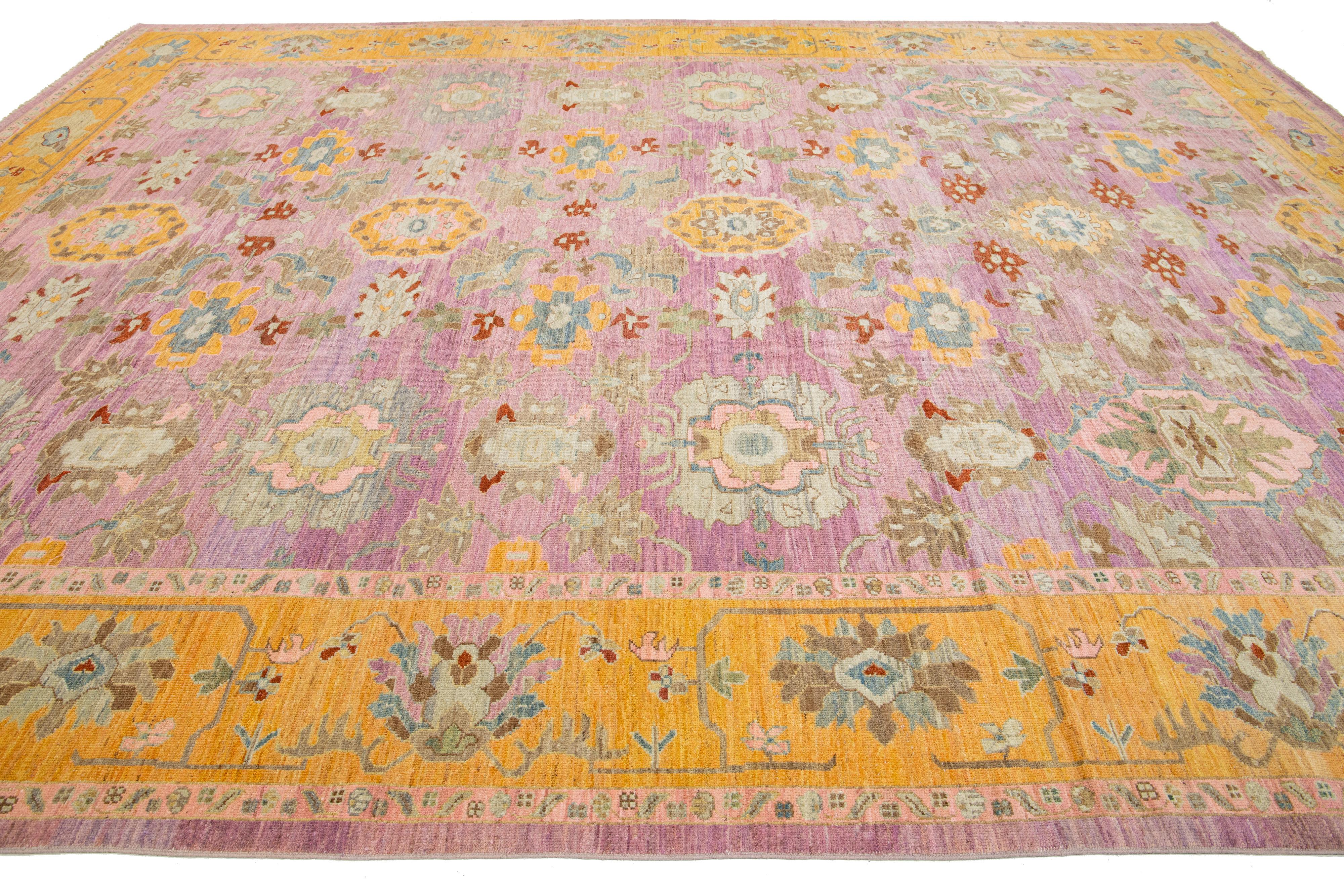 Hand-Knotted Pink Modern Oushak Style Wool Rug Features Allover Pattern  For Sale