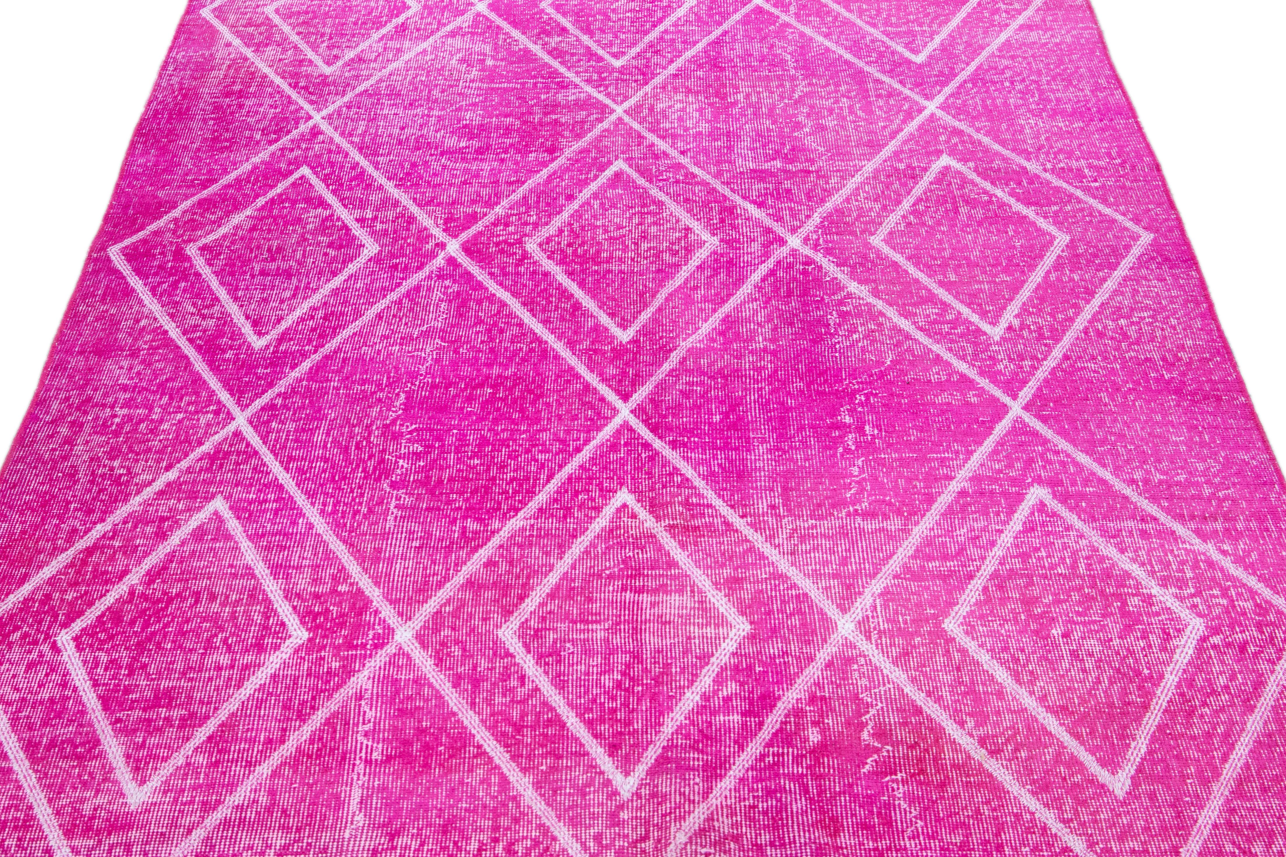 Hand-Knotted Pink Modern Turkish Handmade Tribal Pattern Wool Rug For Sale