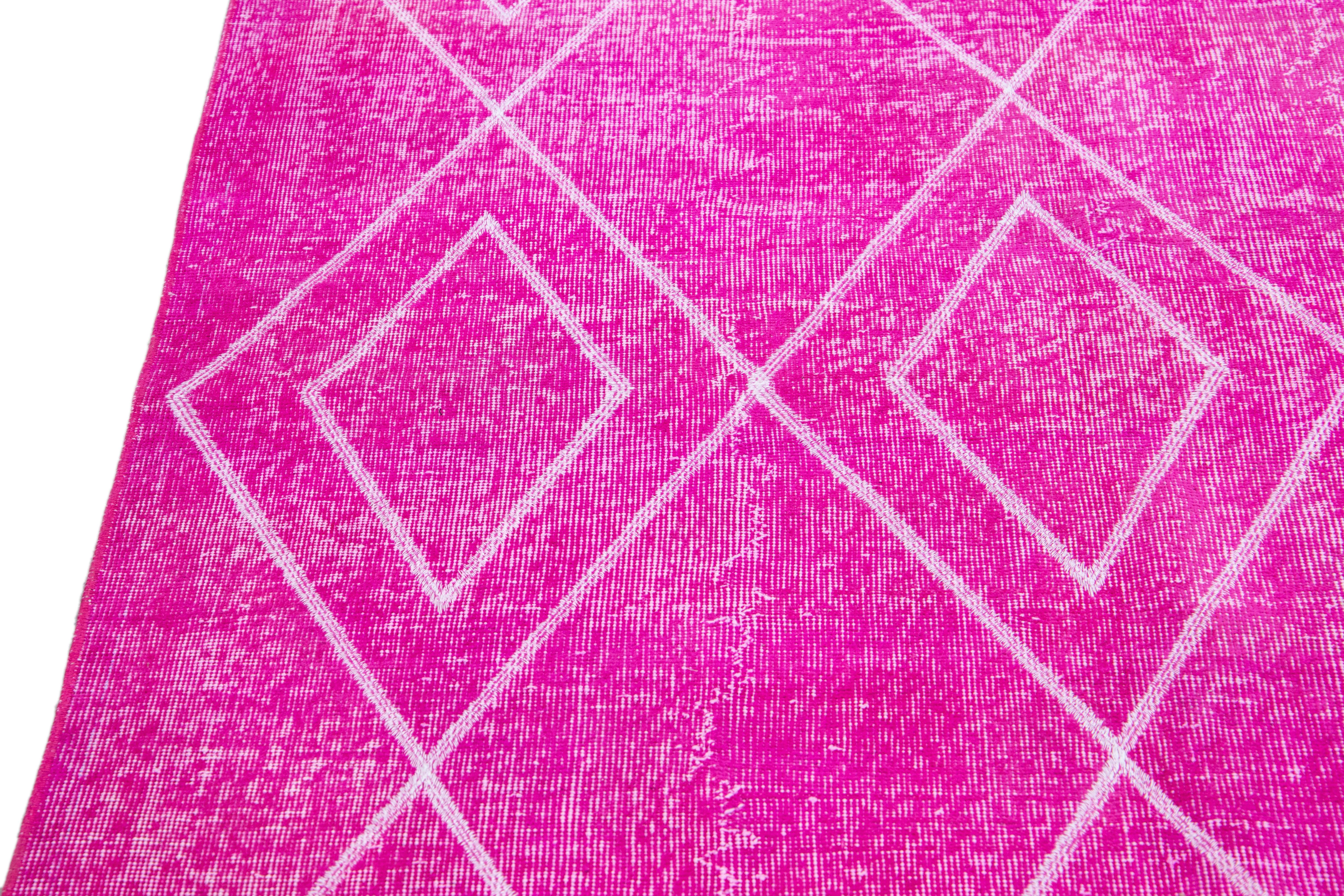 Pink Modern Turkish Handmade Tribal Pattern Wool Rug In New Condition For Sale In Norwalk, CT
