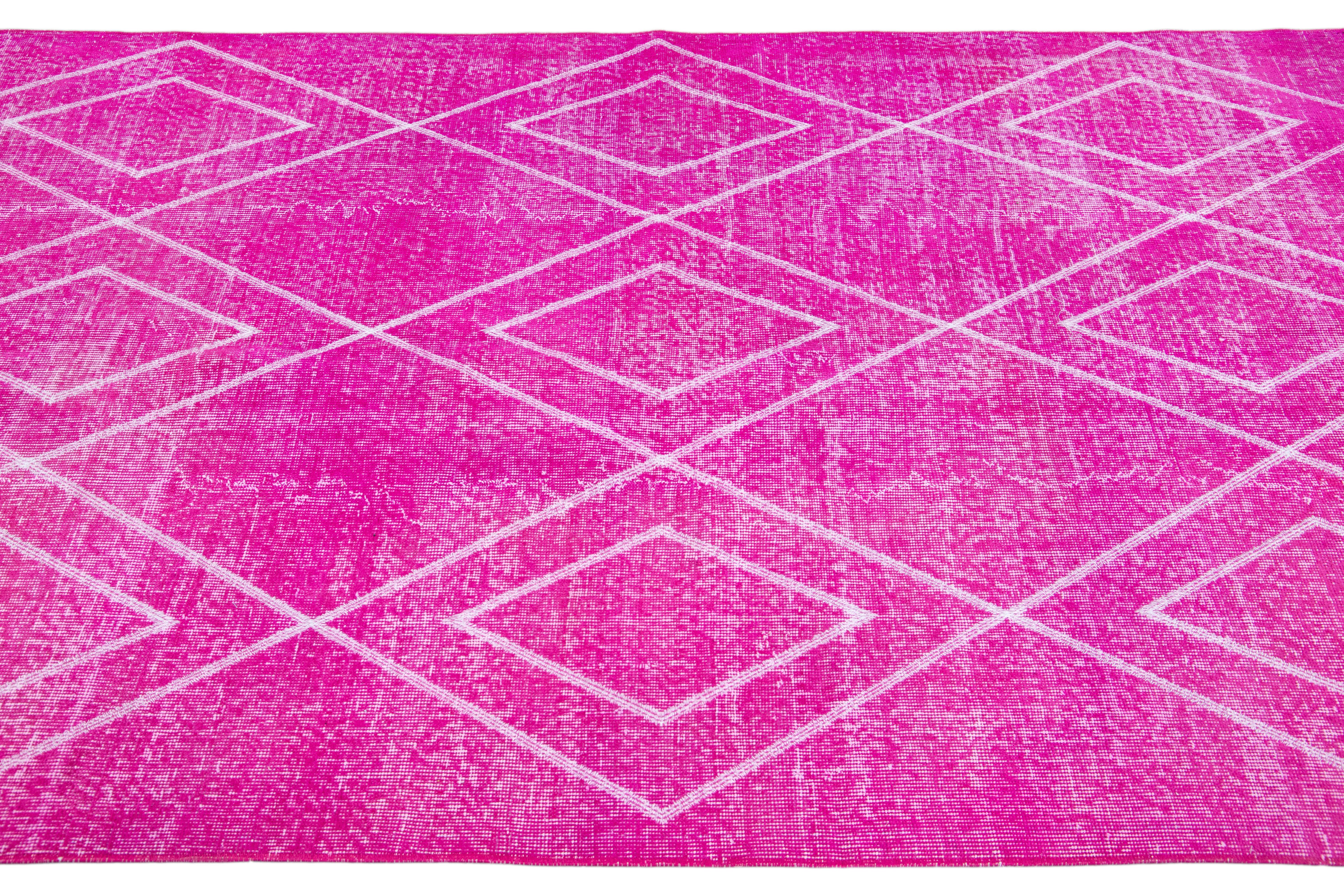 Contemporary Pink Modern Turkish Handmade Tribal Pattern Wool Rug For Sale
