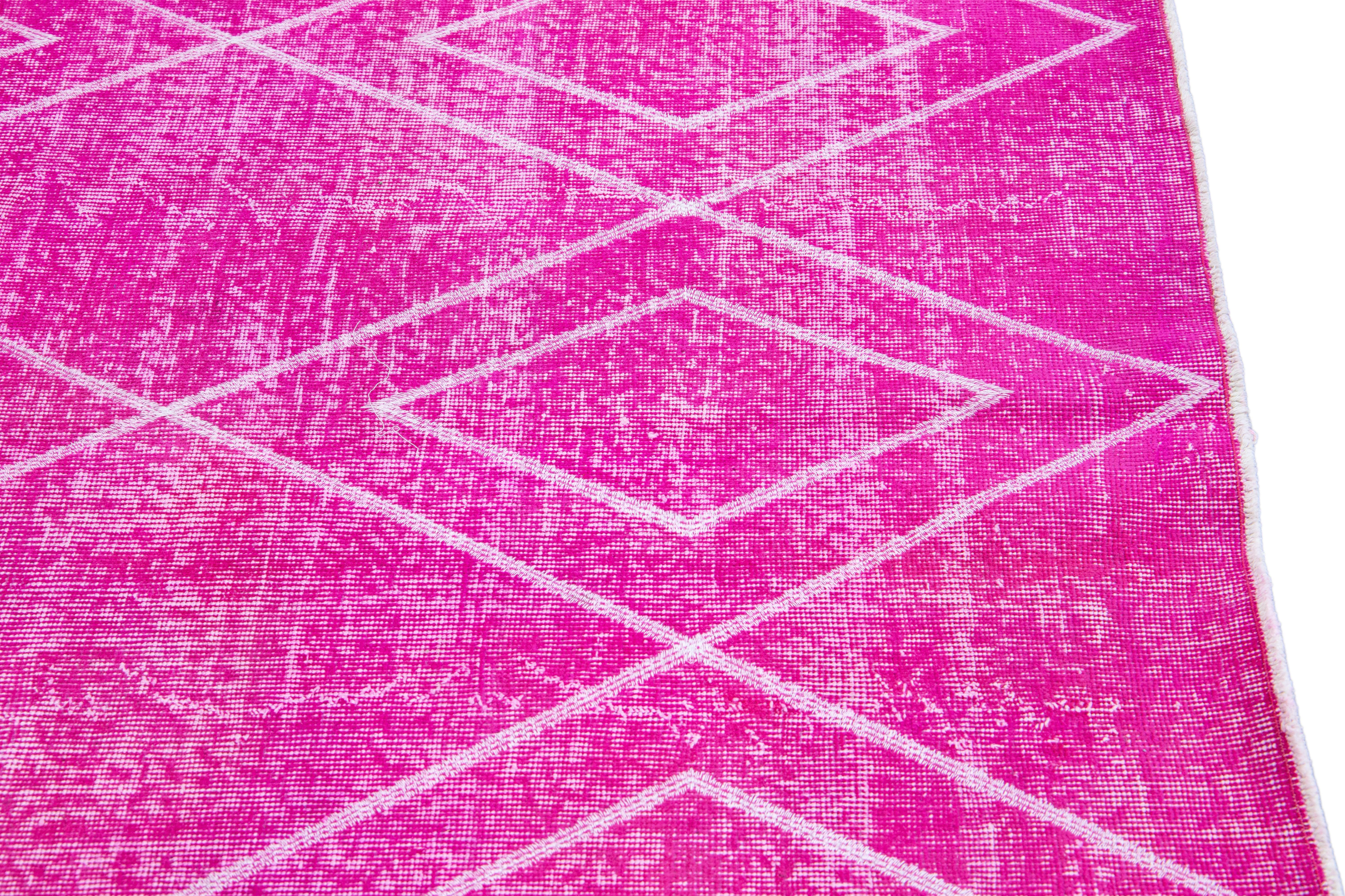 Pink Modern Turkish Handmade Tribal Pattern Wool Rug For Sale 3