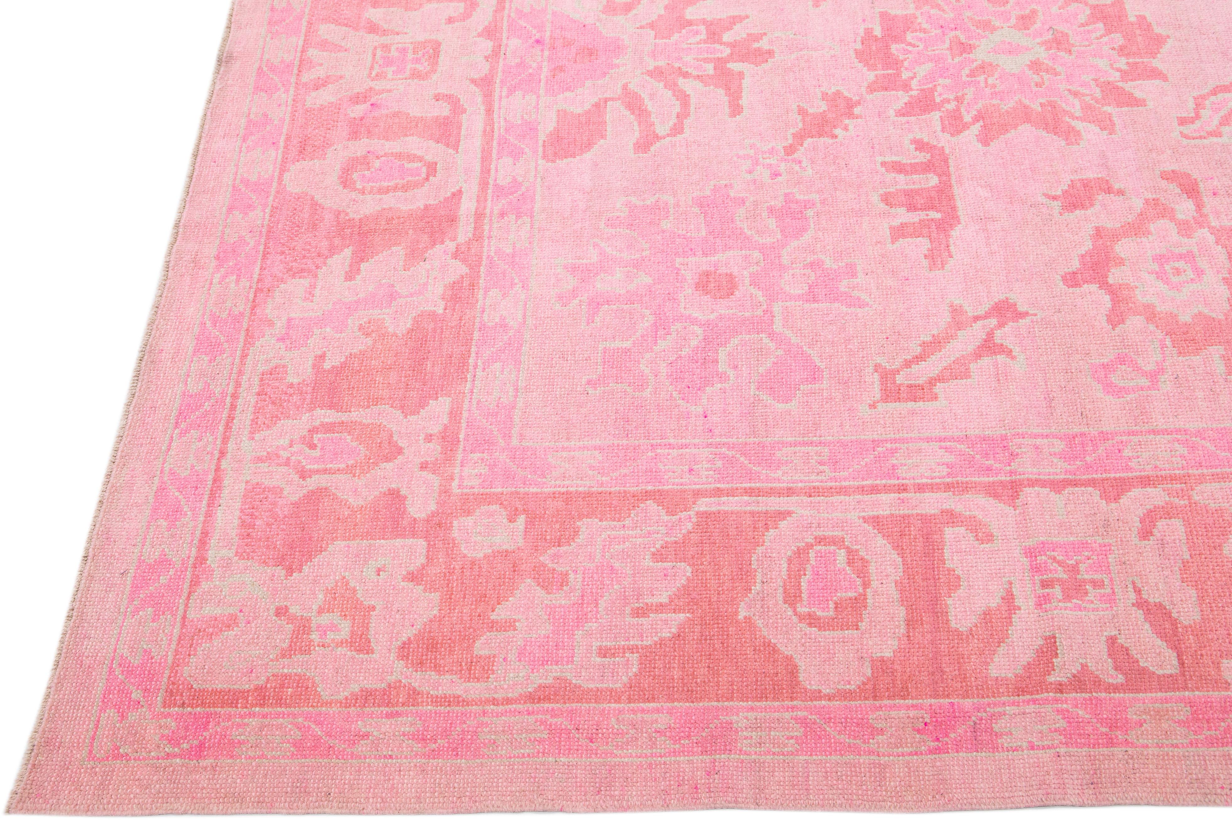 Hand-Knotted Pink Modern Turkish Oushak Handmade Room Size Wool Rug With Floral Pattern 