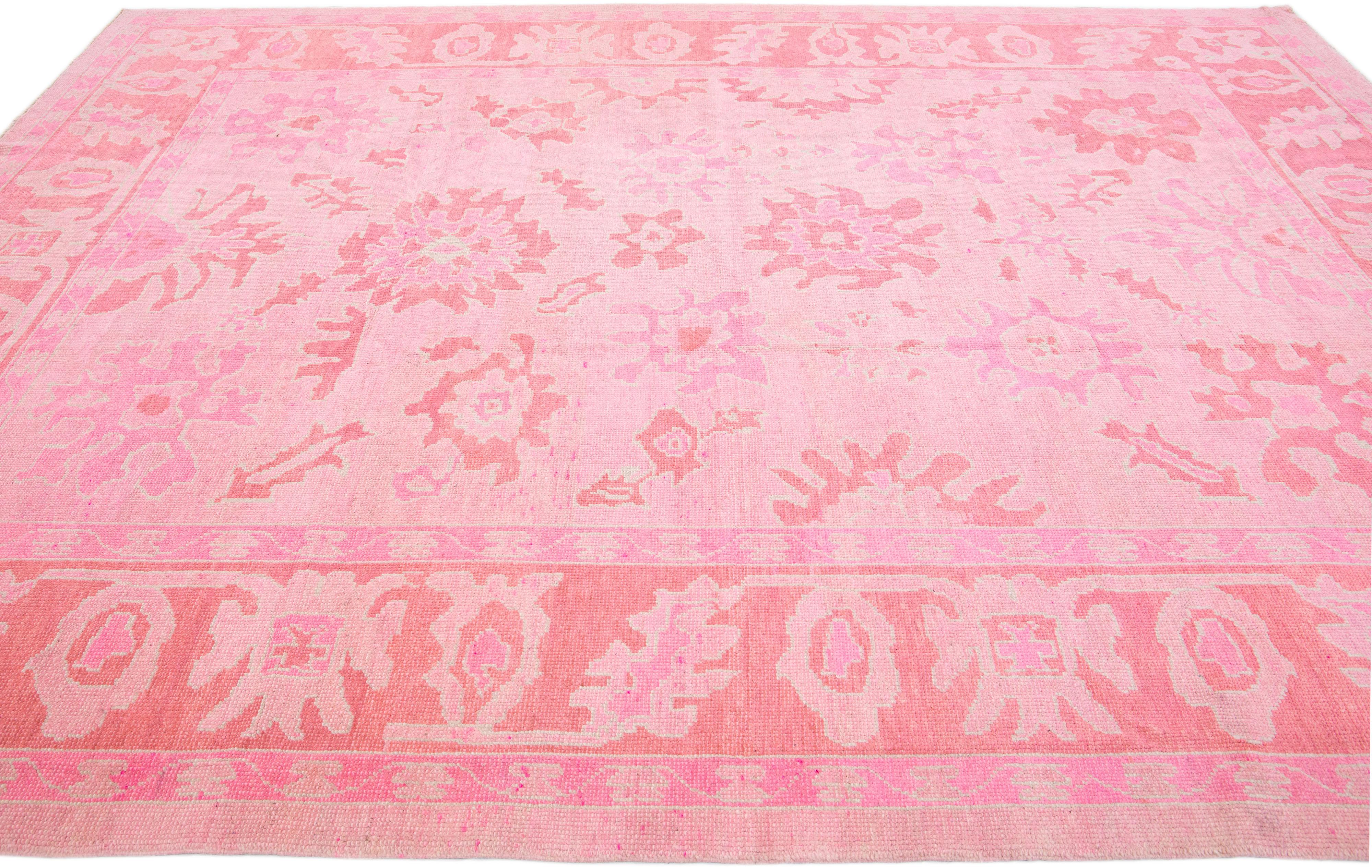 Contemporary Pink Modern Turkish Oushak Handmade Room Size Wool Rug With Floral Pattern 