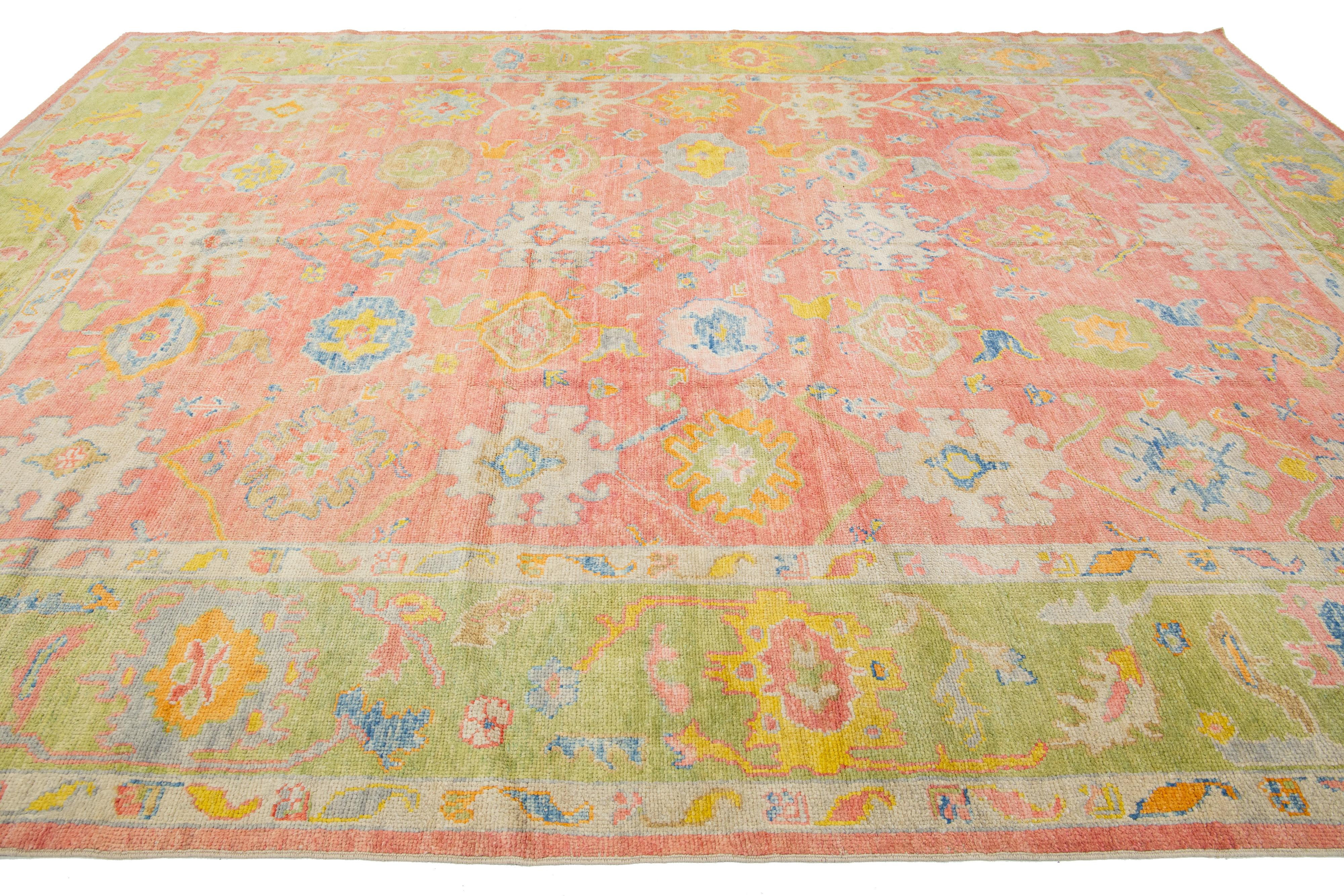 Hand-Knotted Pink Modern Turkish Oushak Handmade Wool Rug For Sale