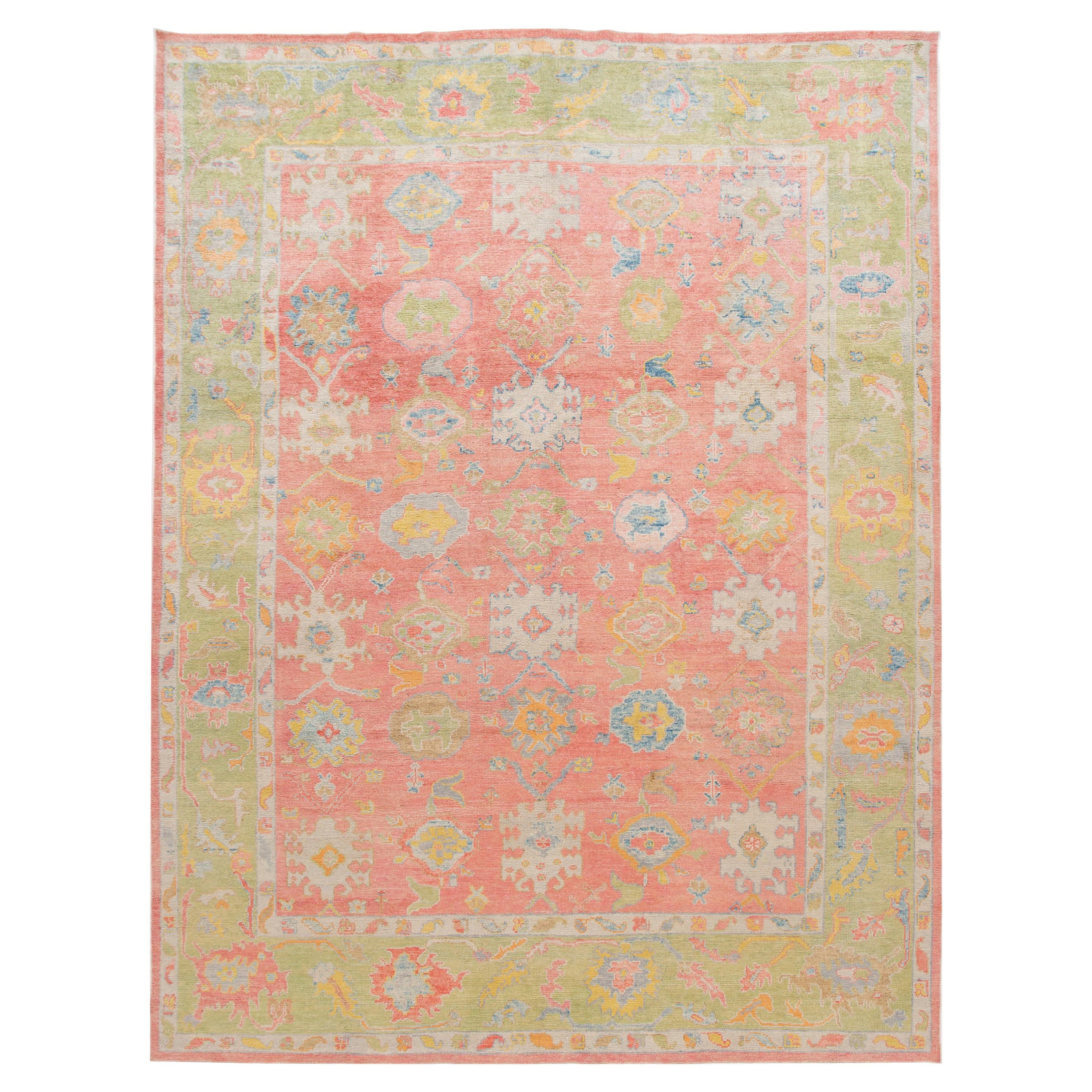 Pink and Purple Contemporary Handmade Wool Turkish Oushak Rug For Sale