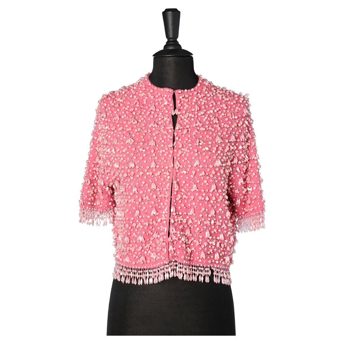 Pink mohair cardigan with beaded work Circa 1960's  For Sale