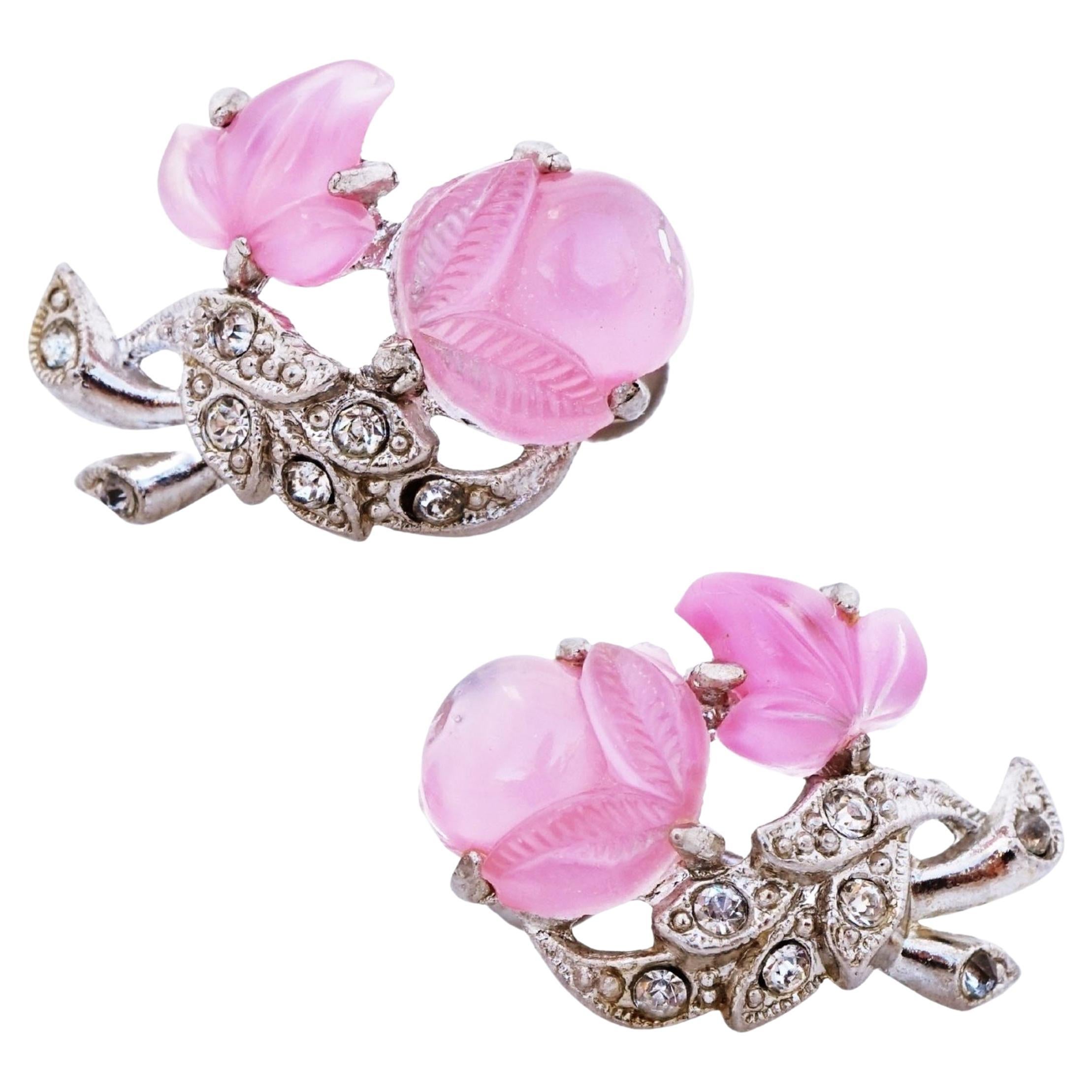 Pink Molded Glass Floral "Fruit Salad" Earrings, 1930s For Sale