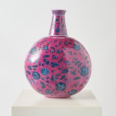 Pink Moon Flask Shaped Vase with Blue Floral Motifs, 20th Century