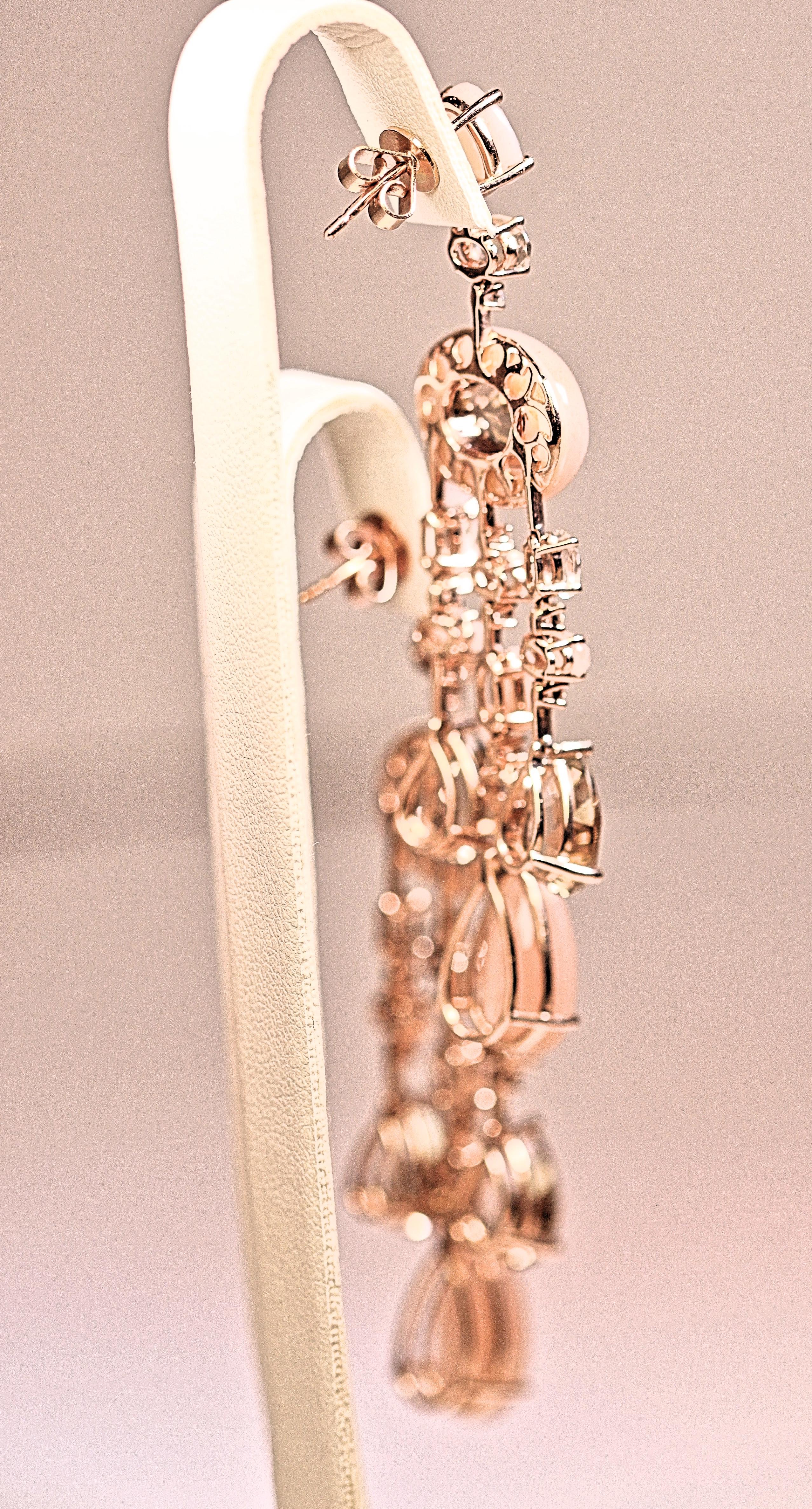 Contemporary Earrings Diamond Dangle with Pink Moonstone Smokey Quartz 18 Karat Rose Gold  For Sale