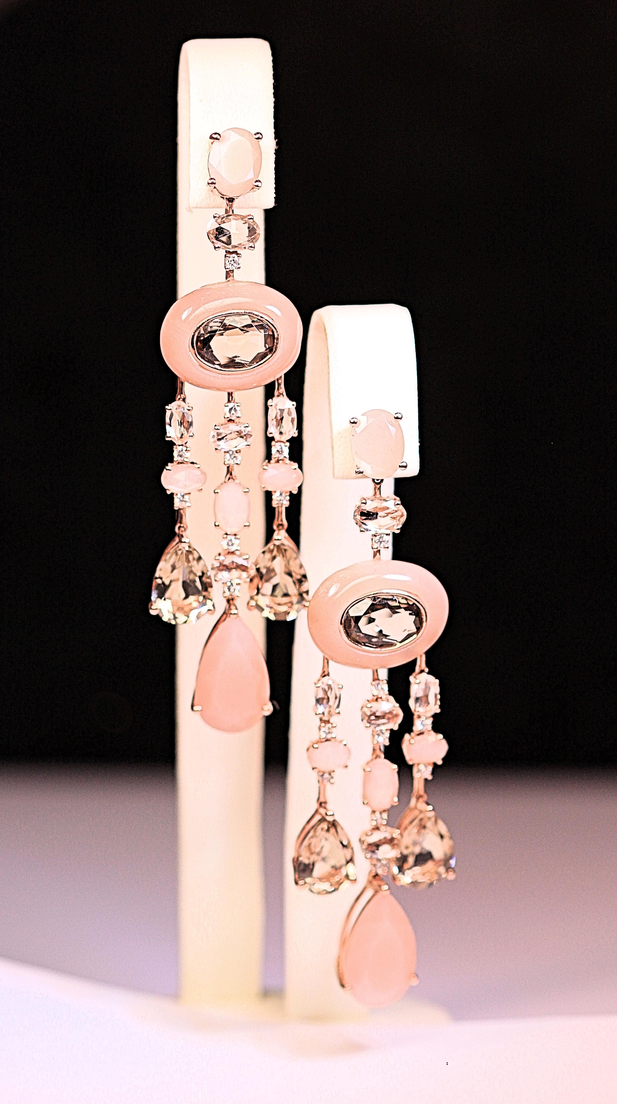 Pear Cut Earrings Diamond Dangle with Pink Moonstone Smokey Quartz 18 Karat Rose Gold  For Sale