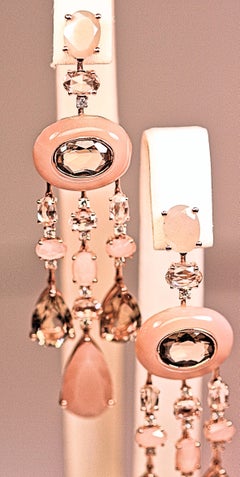 Earrings Diamond Dangle with Pink Moonstone Smokey Quartz 18 Karat Rose Gold