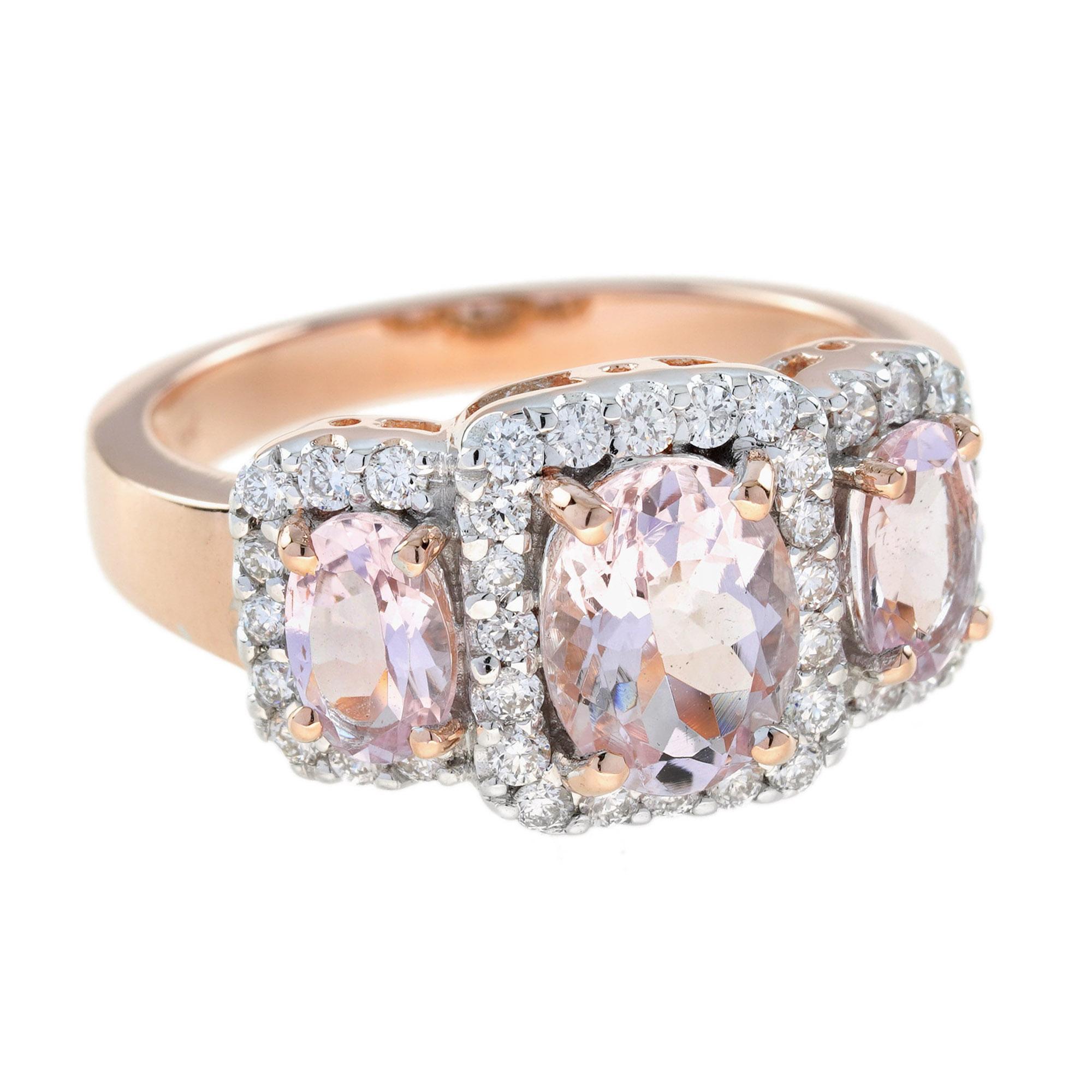 Oval Cut Pink Morganite and Diamond Art Deco Style Three Stone Ring in 18K Rose Gold For Sale