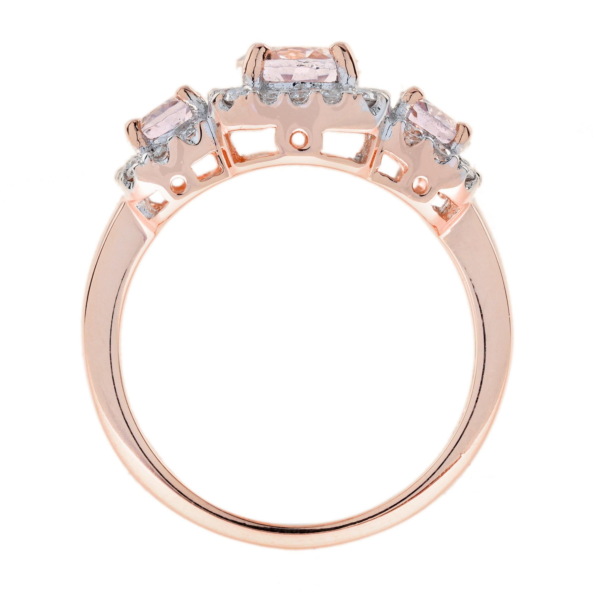 Pink Morganite and Diamond Art Deco Style Three Stone Ring in 18K Rose Gold For Sale 1