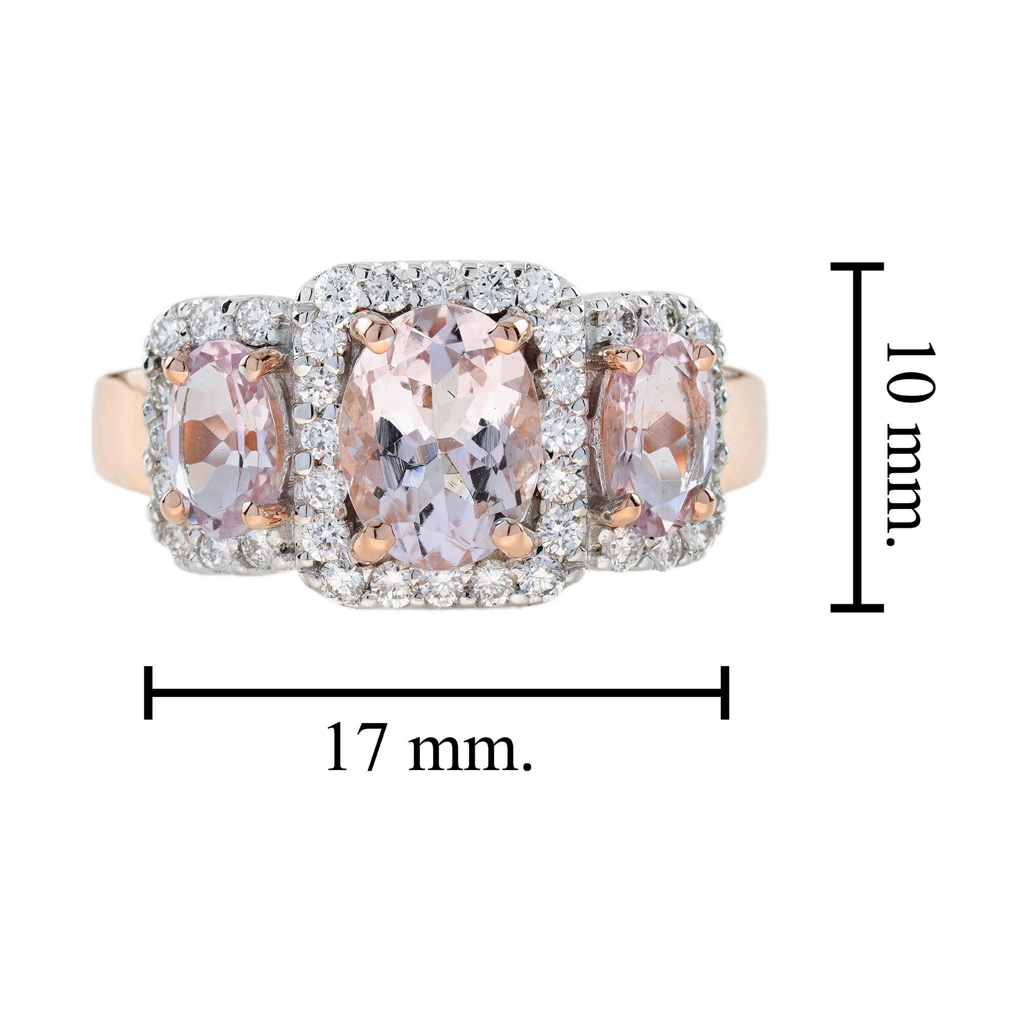 Pink Morganite and Diamond Art Deco Style Three Stone Ring in 18K Rose Gold For Sale 2