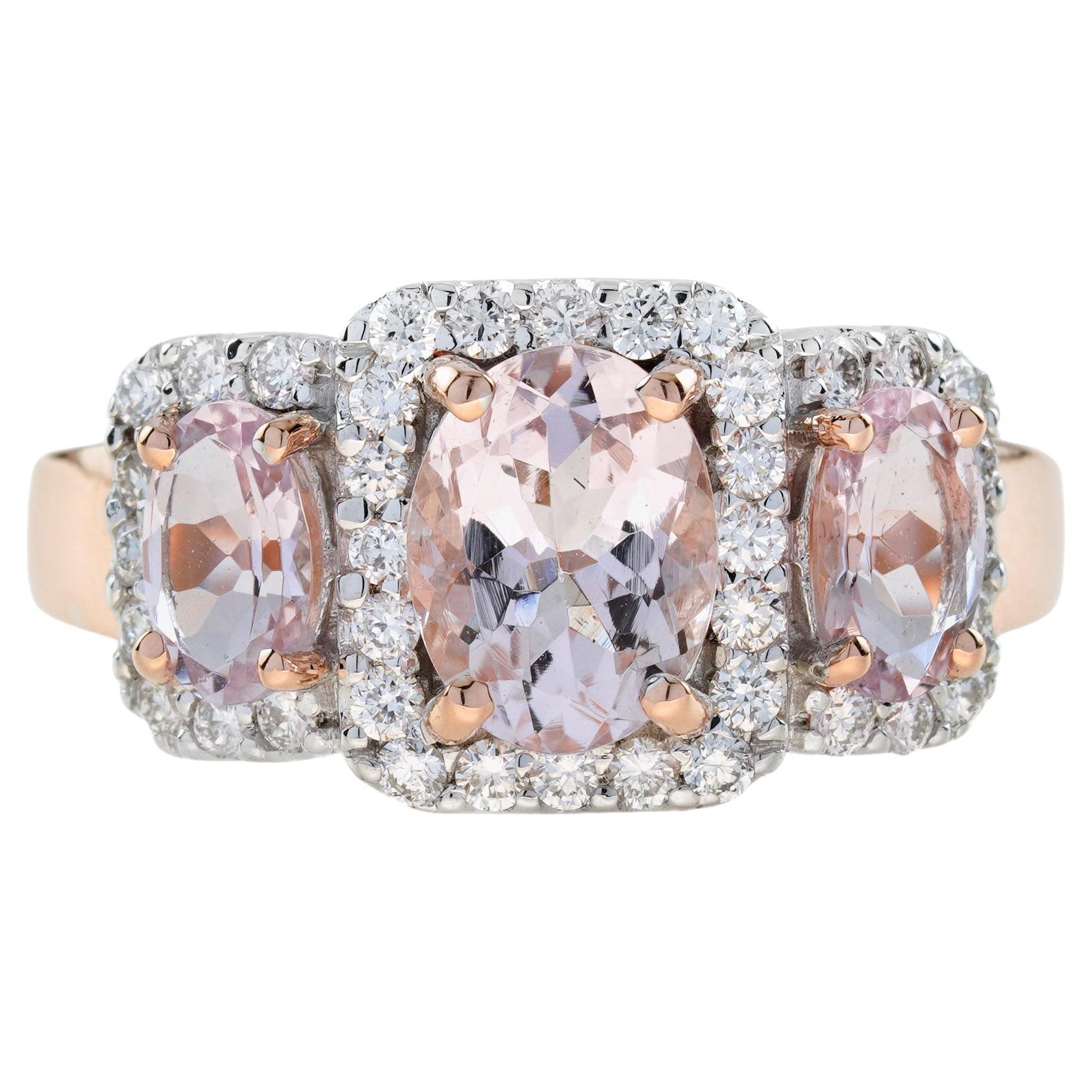 Pink Morganite and Diamond Art Deco Style Three Stone Ring in 18K Rose Gold