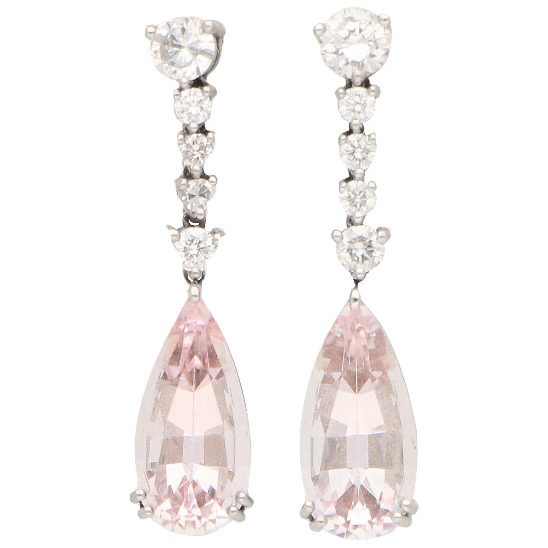 Pink Morganite and Diamond Drop Earrings Set in 18 Karat White Gold 