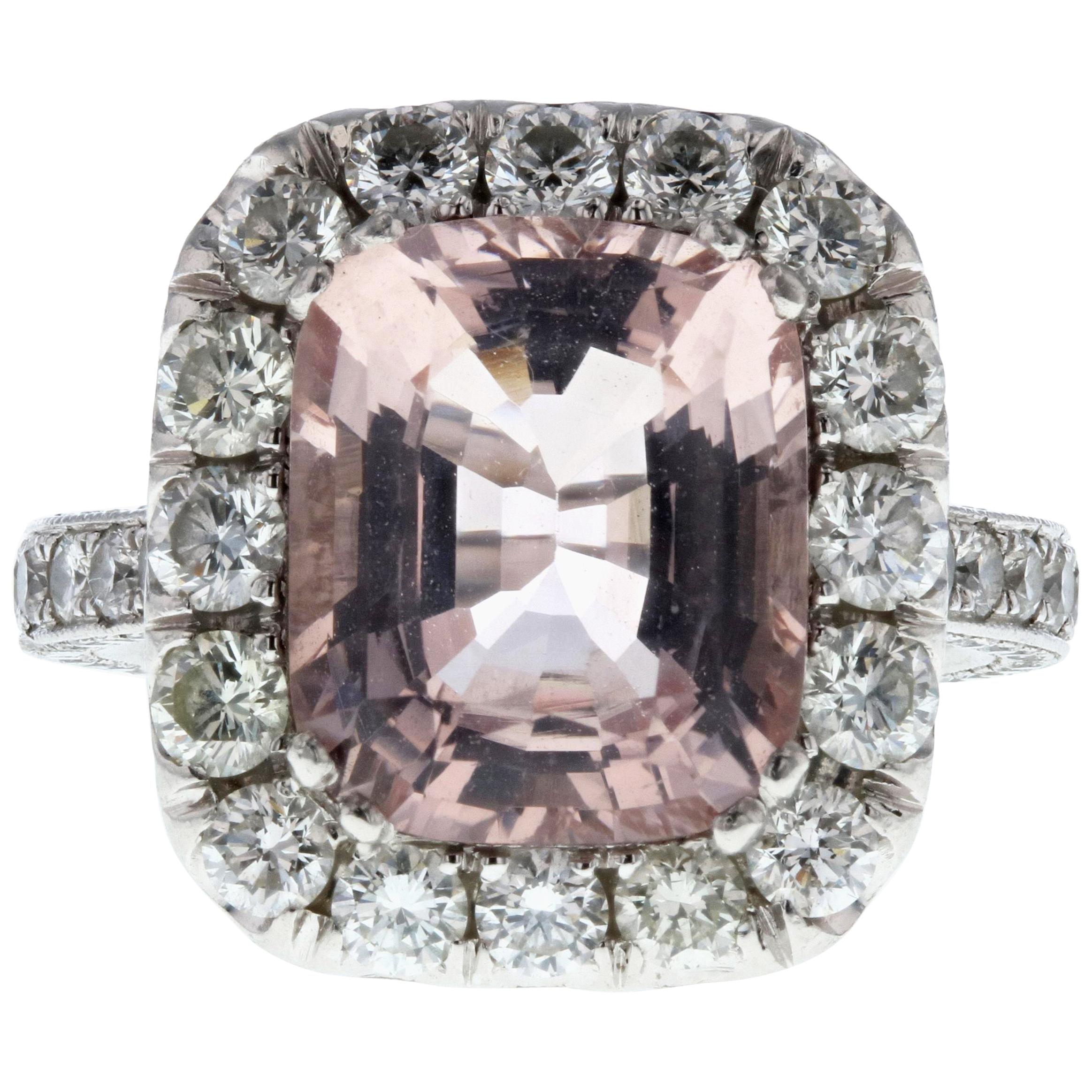 Pink Morganite and Diamond Halo Ring '4.10 Carat Center Stone'