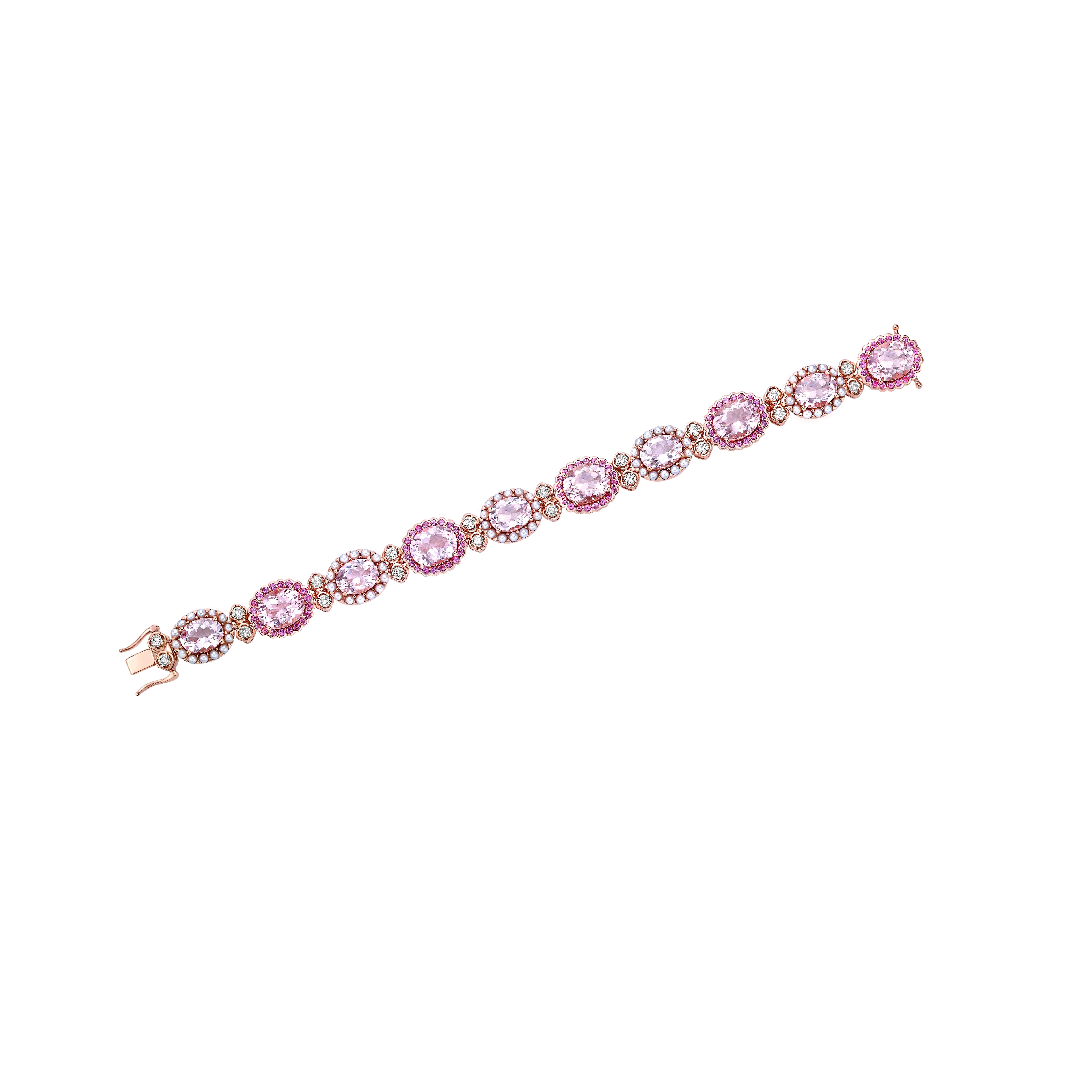 Our Cherry Blossom collection uniquely pairs these pretty pink morganites with a combination of pearls, pink tourmalines and diamonds. Set in rose gold this collection is elegant and classy with any look. 

Pink Morganite Bracelet with Tourmaline,