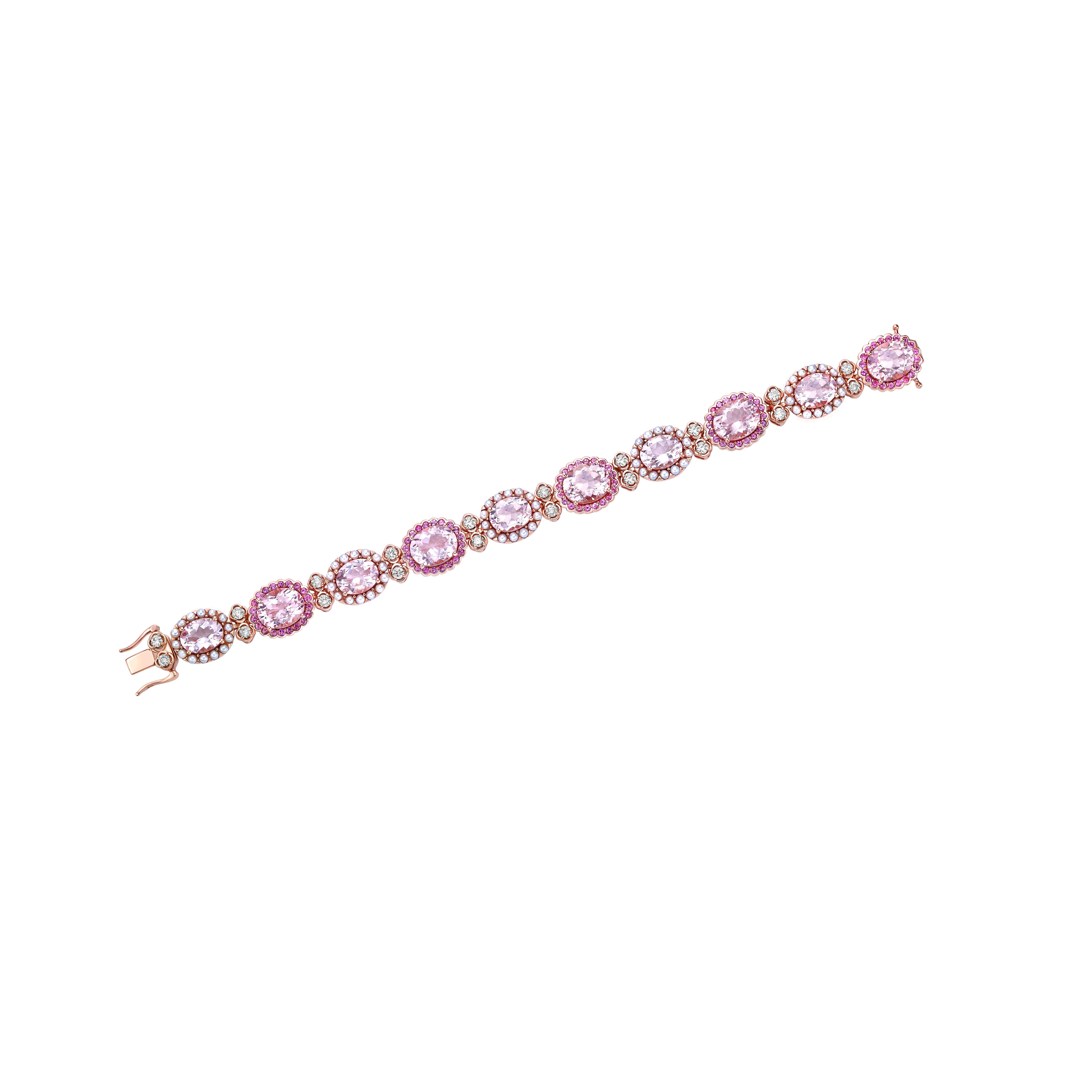 Contemporary Sunita Nahata Pink Morganite Bracelet with Tourmaline, Pearl & Diamond in 18KRG. For Sale
