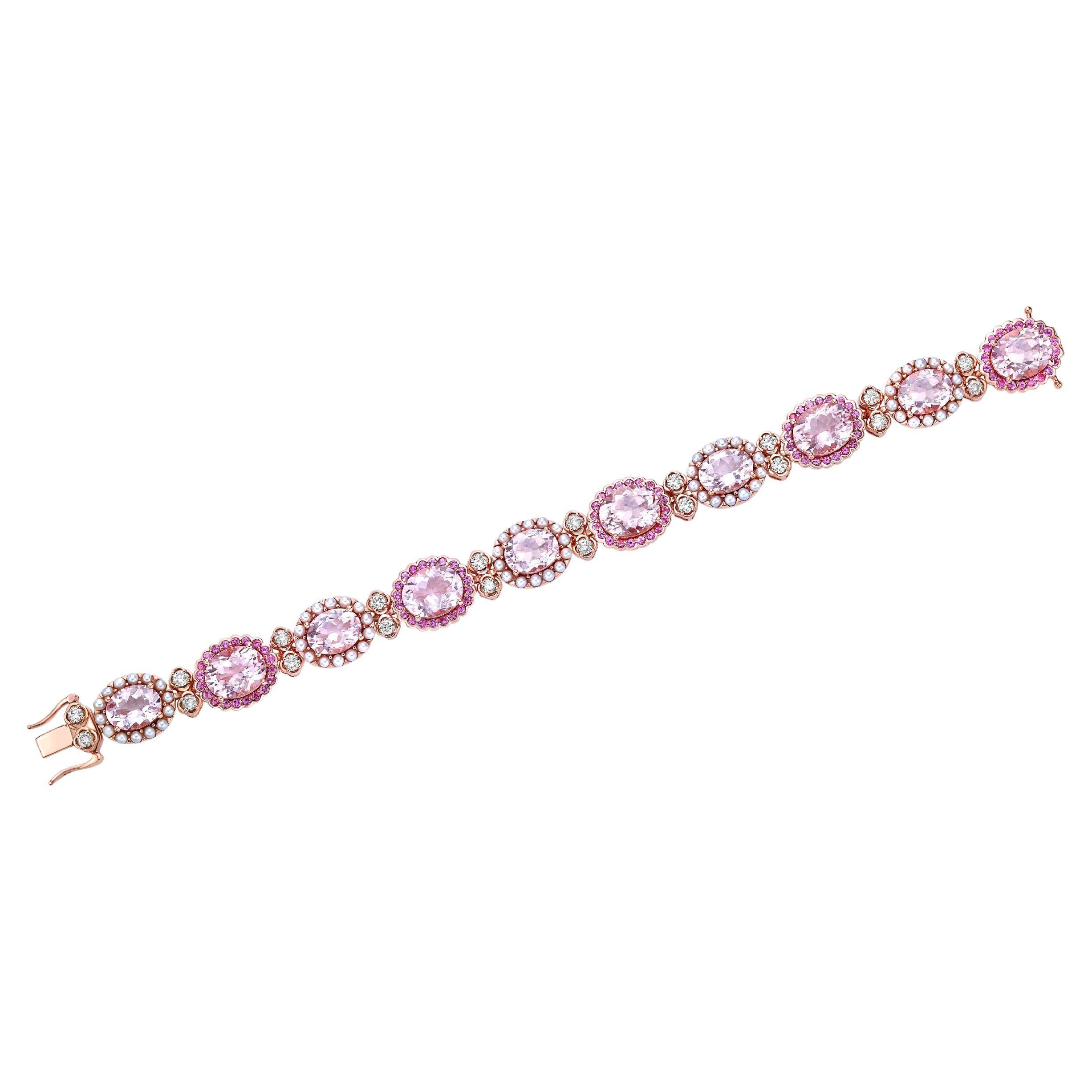 Bracelet en morganite rose avec tourmaline, perles et diamants 18 carats.