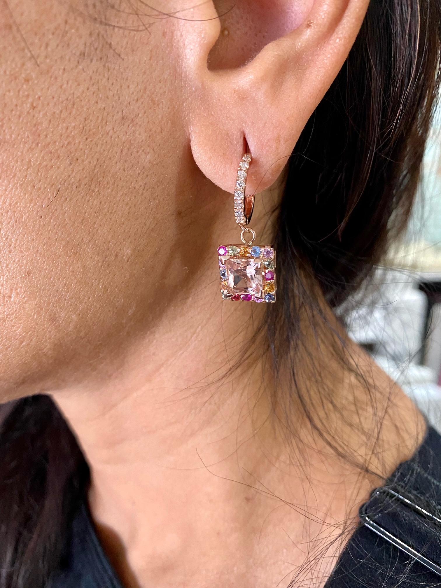 Princess Cut 4.56 Carat Pink Morganite Diamond Rose Gold Drop Earrings For Sale