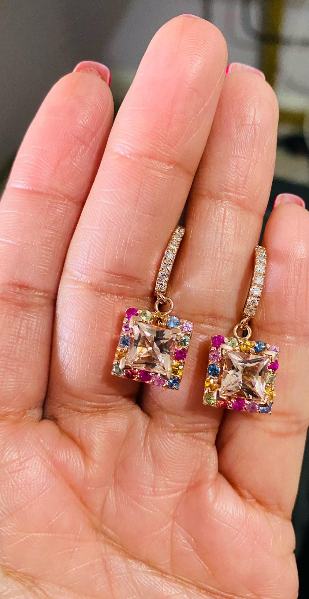 4.56 Carat Pink Morganite Diamond Rose Gold Drop Earrings In New Condition For Sale In Los Angeles, CA
