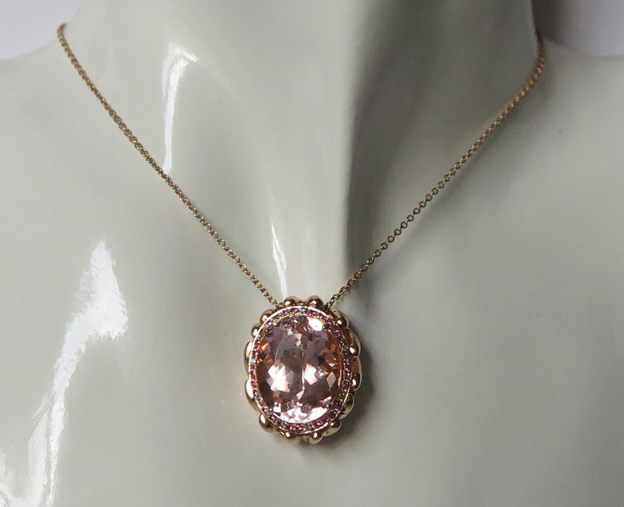 Oval Cut Pink Morganite Diamond Pink Sapphire 18 Karat Rose Gold Necklace For Sale