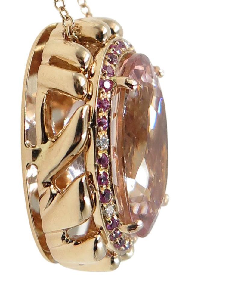 Modern Pink Morganite Diamond Pink Sapphire 18 Karat Rose Gold Necklace For Sale