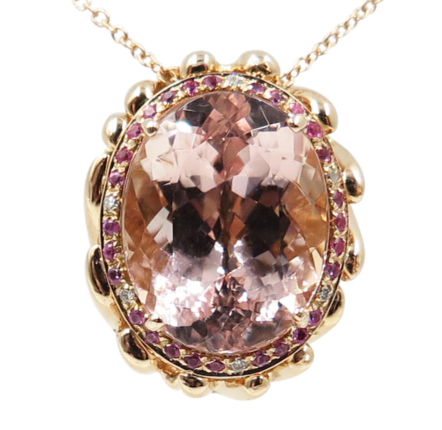 Pink Morganite Diamond Pink Sapphire 18 Karat Rose Gold Necklace For Sale