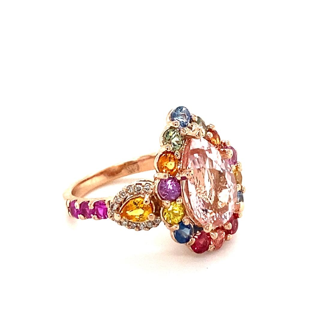 Pear Cut 5.55 Carat Pink Morganite Diamond Sapphire Rose Gold Cocktail Ring For Sale