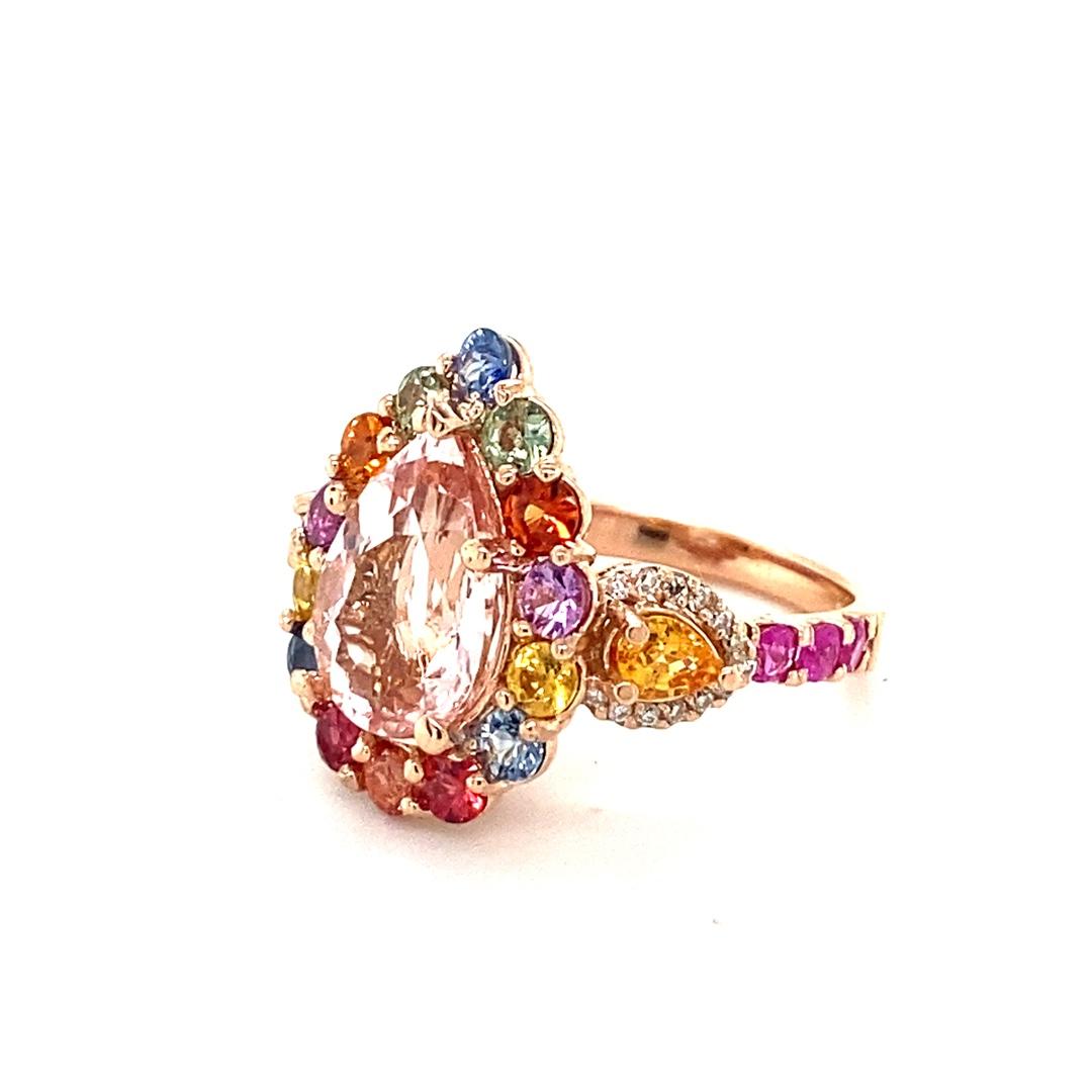 5.55 Carat Pink Morganite Diamond Sapphire Rose Gold Cocktail Ring In New Condition For Sale In Los Angeles, CA