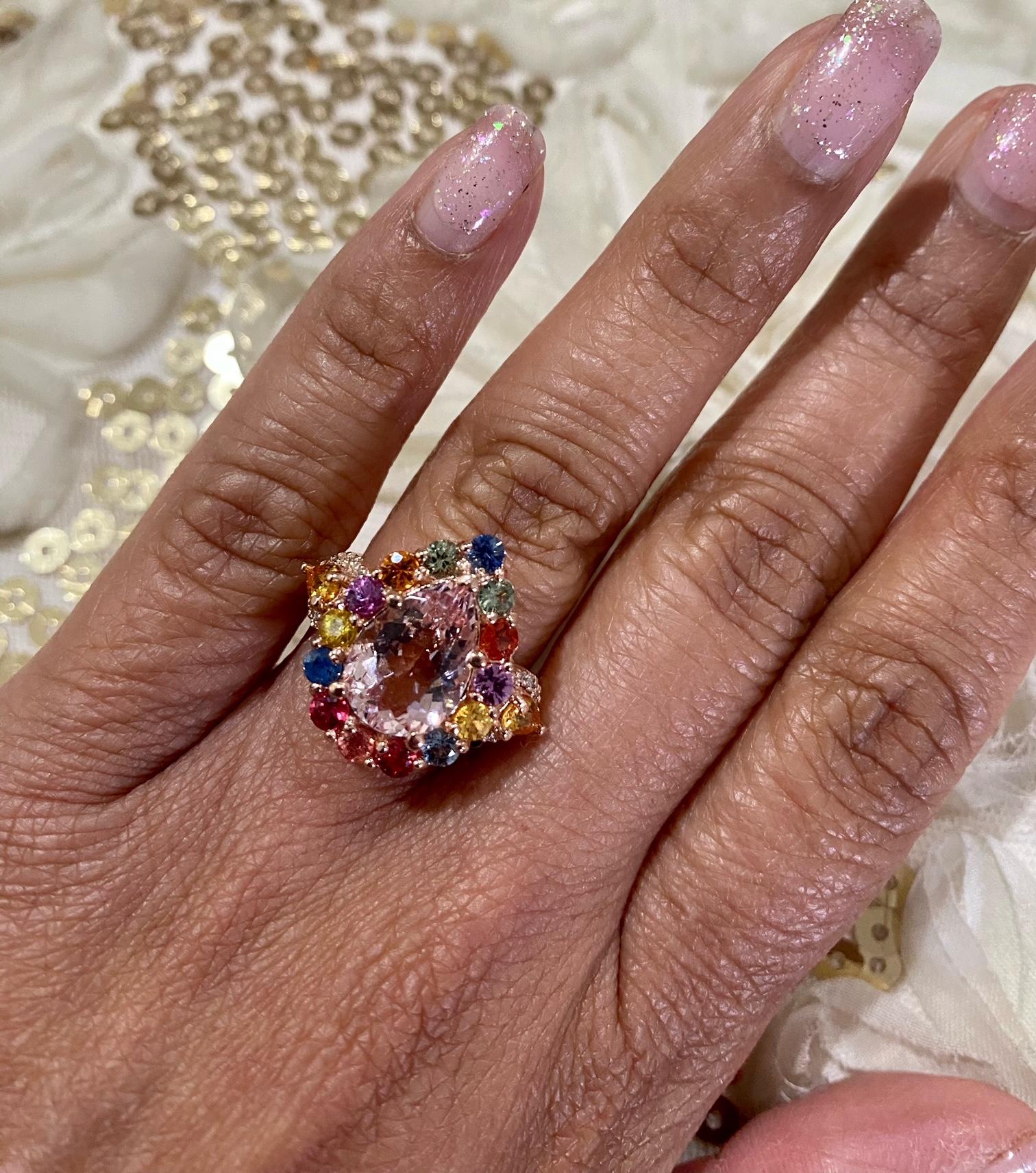 Women's 5.55 Carat Pink Morganite Diamond Sapphire Rose Gold Cocktail Ring For Sale