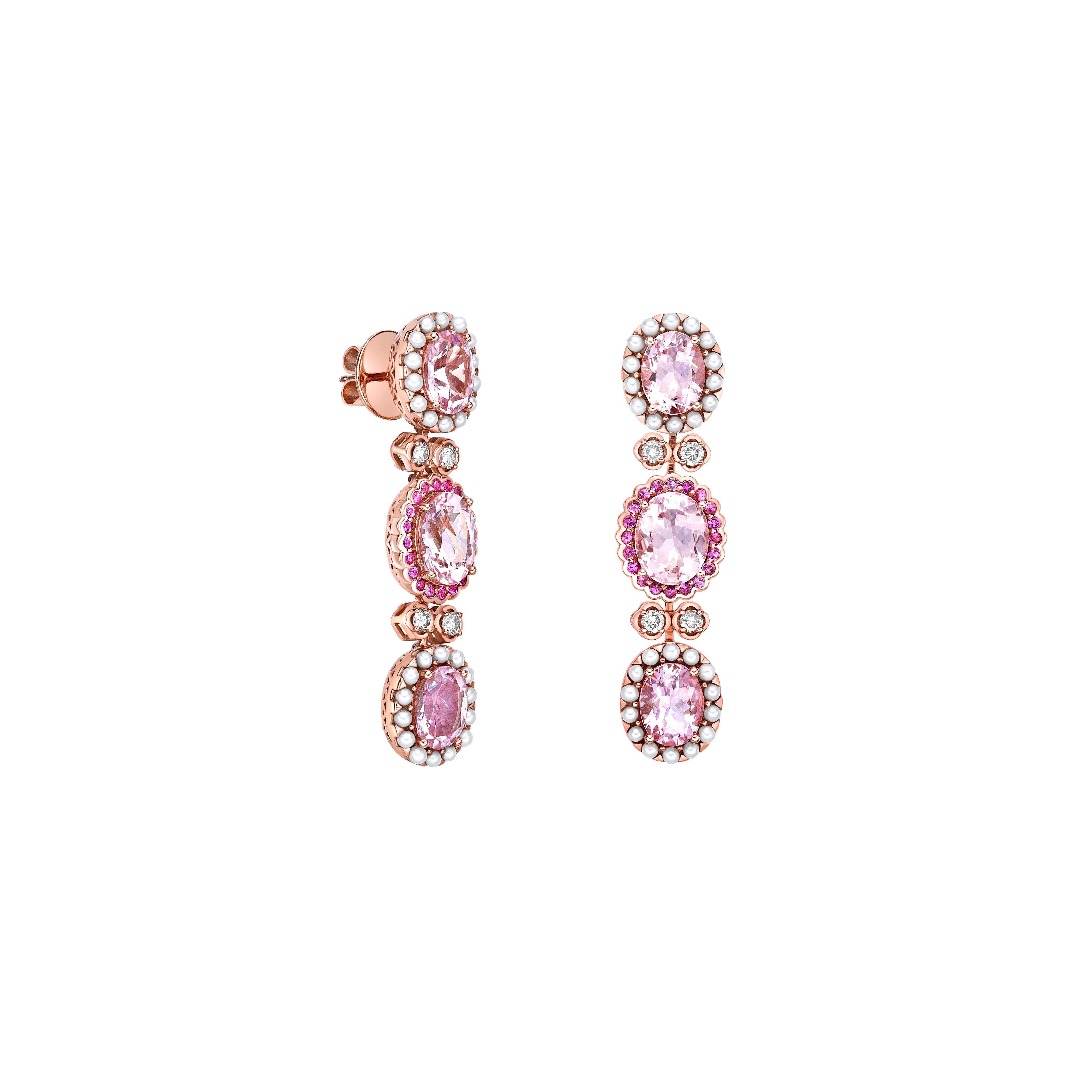 Our Cherry Blossom collection uniquely pairs these pretty pink morganites with a combination of pearls, pink tourmalines and diamonds. Set in rose gold this collection is elegant and classy with any look. 

Pink Morganite Earring with Tourmaline,