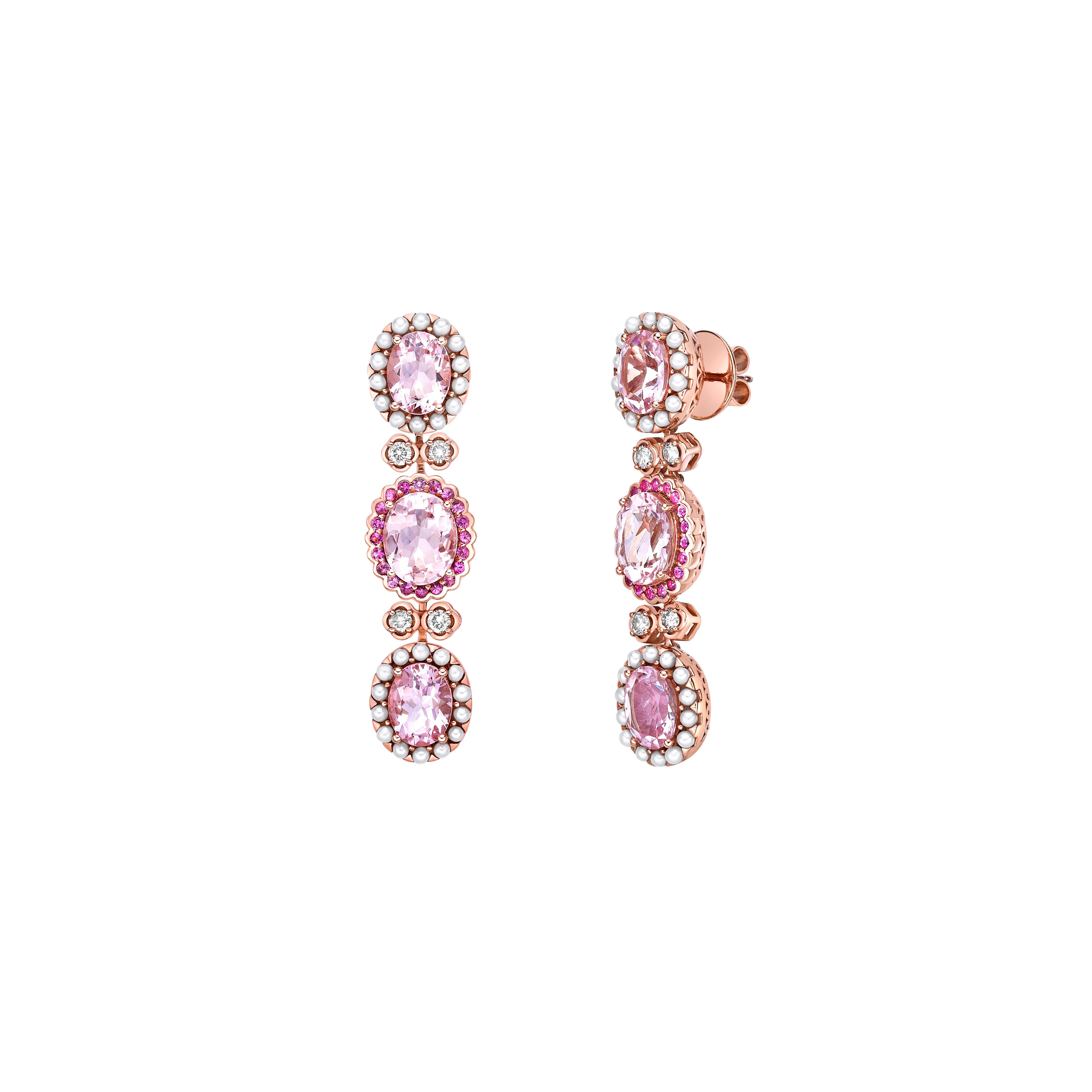 Contemporary Pink Morganite Earring with Tourmaline, Pearl & Diamond in 18KRG For Sale