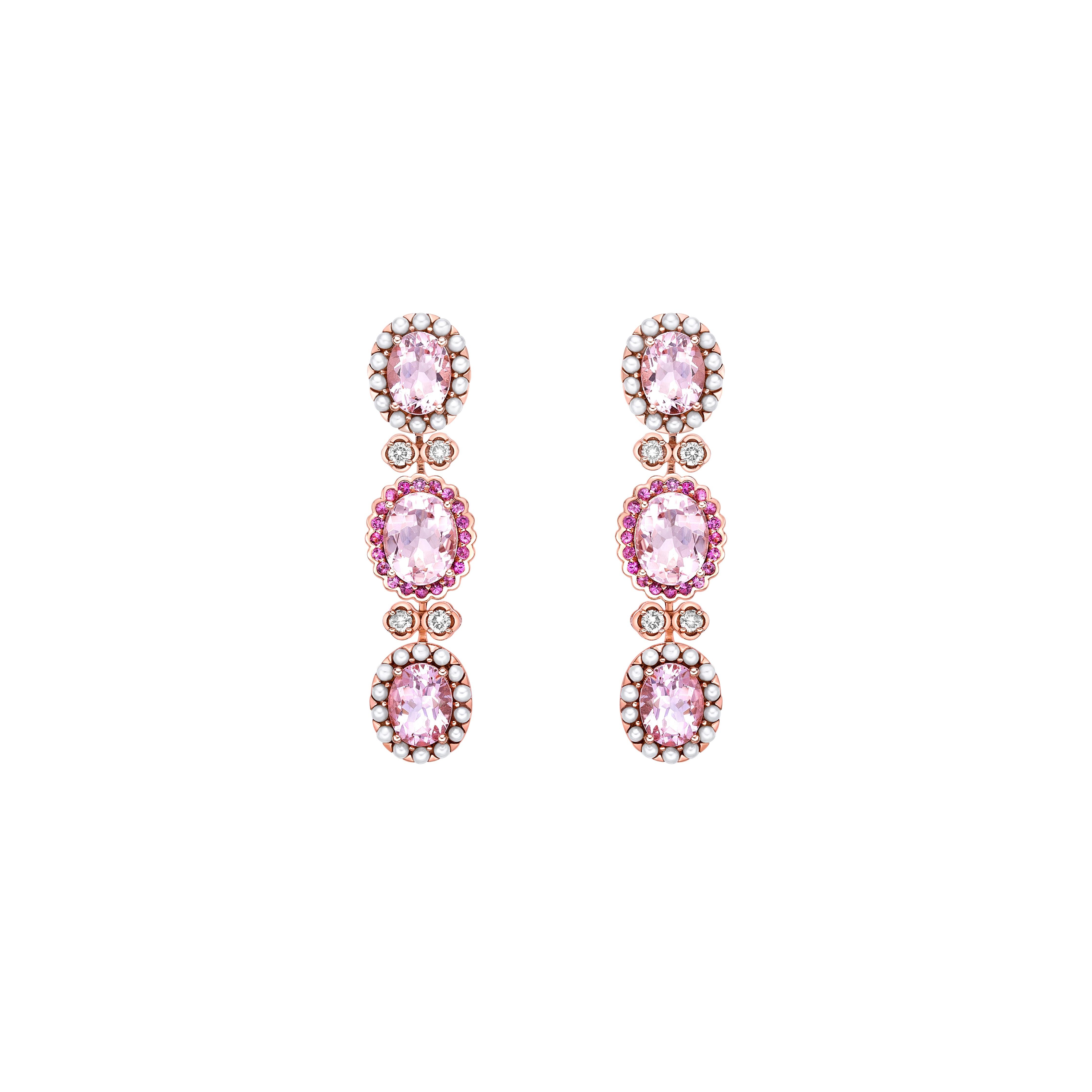 Oval Cut Pink Morganite Earring with Tourmaline, Pearl & Diamond in 18KRG For Sale